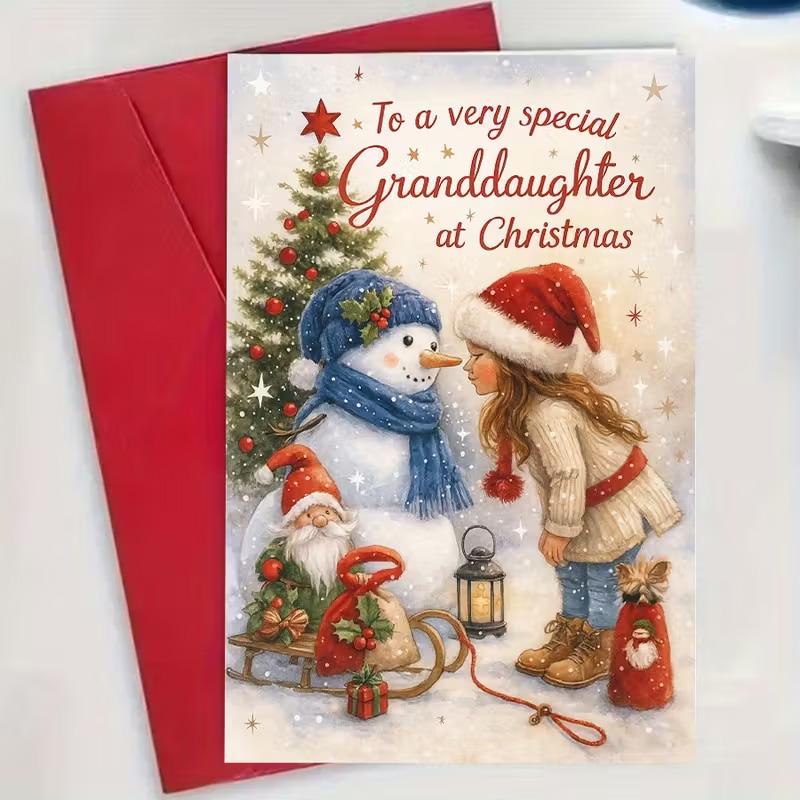 1pc Fun Christmas Card For Granddaughter With Envelope, Snowman And Granddaughter, Heartwarming Winter Scene With Snowflakes, Expressing Love And Joy In Christmas,  Perfect Grandparents Gift For Christmas, New Year, Birthday