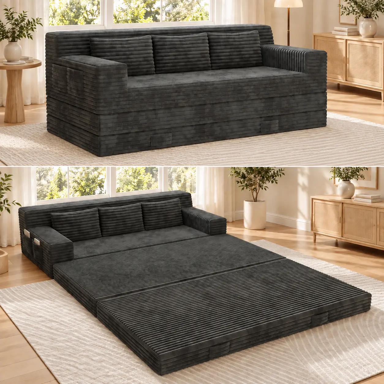 3-Seat Modular Corduroy Convertible Sofa Bed - High-Resilience Foam, Pocket Springs, Metal Frame Sleeper - Sofas for Living Room, Guest Room familyfun