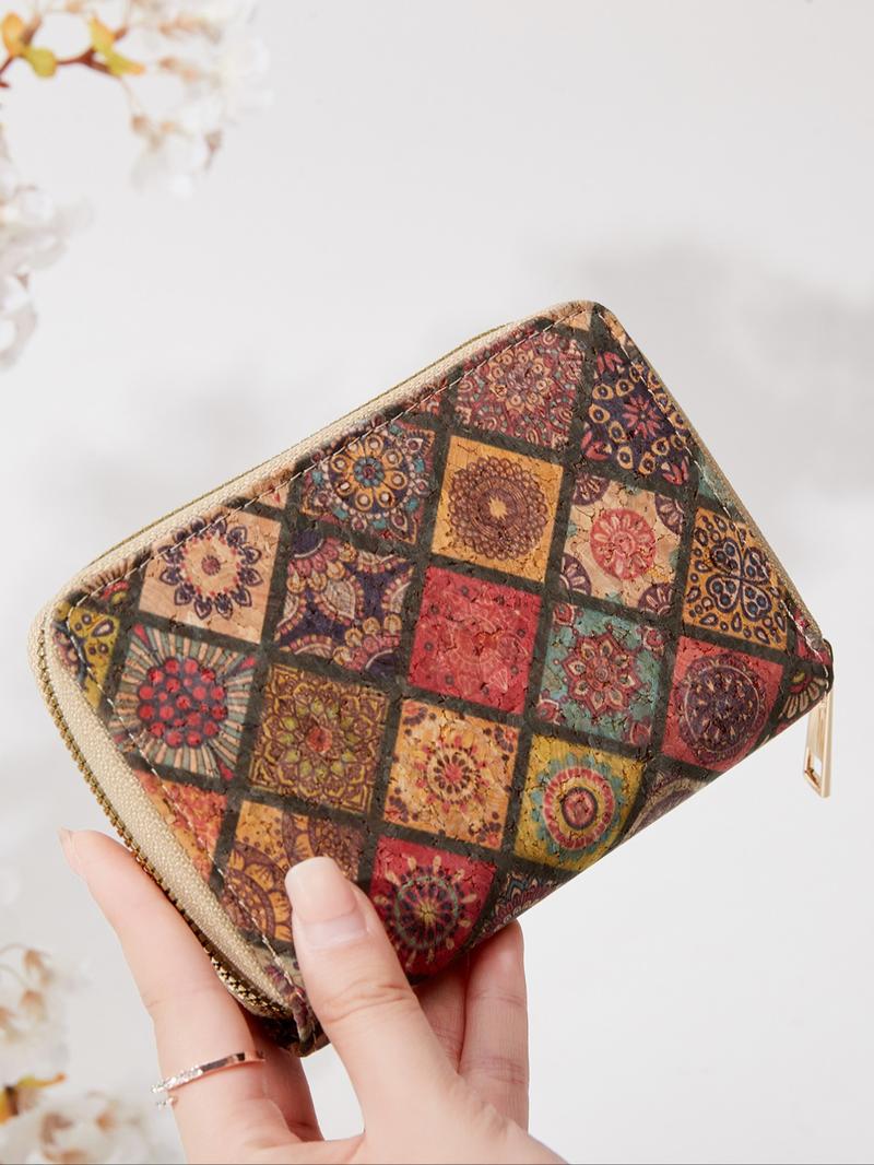 Women's Vintage Floral Pattern Zipper Short Wallet, Pu Leather Coin Purse with Card Slot, Multi-functional Boho Style Wallet for Daily Use, Stylish Wallet