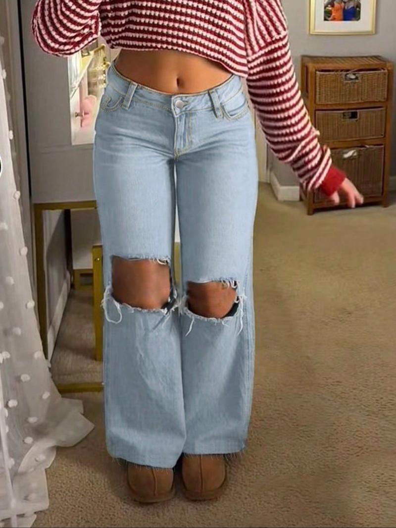 Women's Trendy Fashion Denim Ripped Design New Straight Leg Wide Leg Elastic Comfortable Elegant Long Pants, All Seasons
