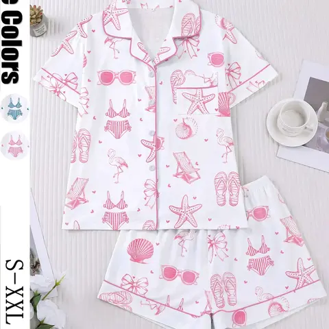 2-Piece Beach-Themed Loungewear Pajama Set with Bikini and Starfish Print, Short-Sleeve Collared Button-Down Soft Top and Loose-Fitting Stretch Shorts, Everyday Outfit for Holidays, Casual Outdoor Wear, Casual Summer Sleepwear