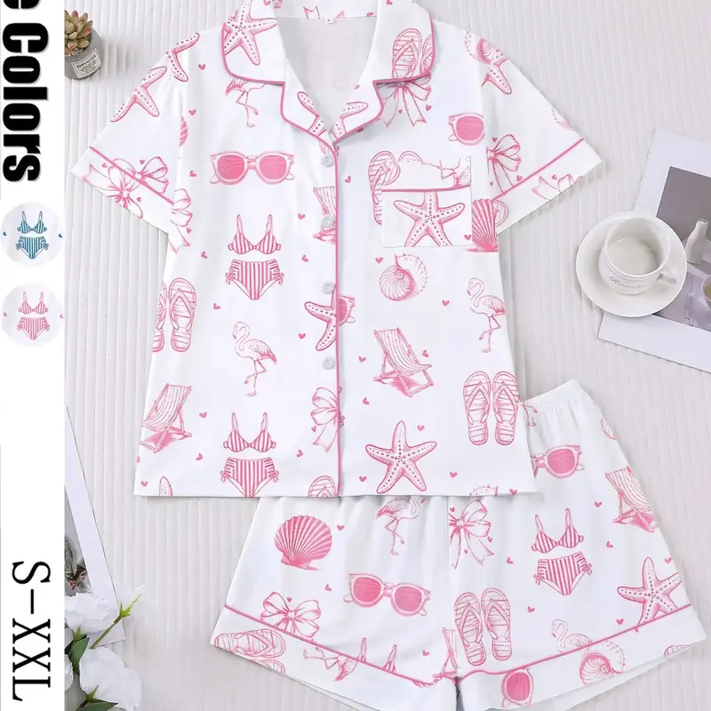 2-Piece Beach-Themed Loungewear Pajama Set with Bikini and Starfish Print, Short-Sleeve Collared Button-Down Soft Top and Loose-Fitting Stretch Shorts, Everyday Outfit for Holidays, Casual Outdoor Wear, Casual Summer Sleepwear