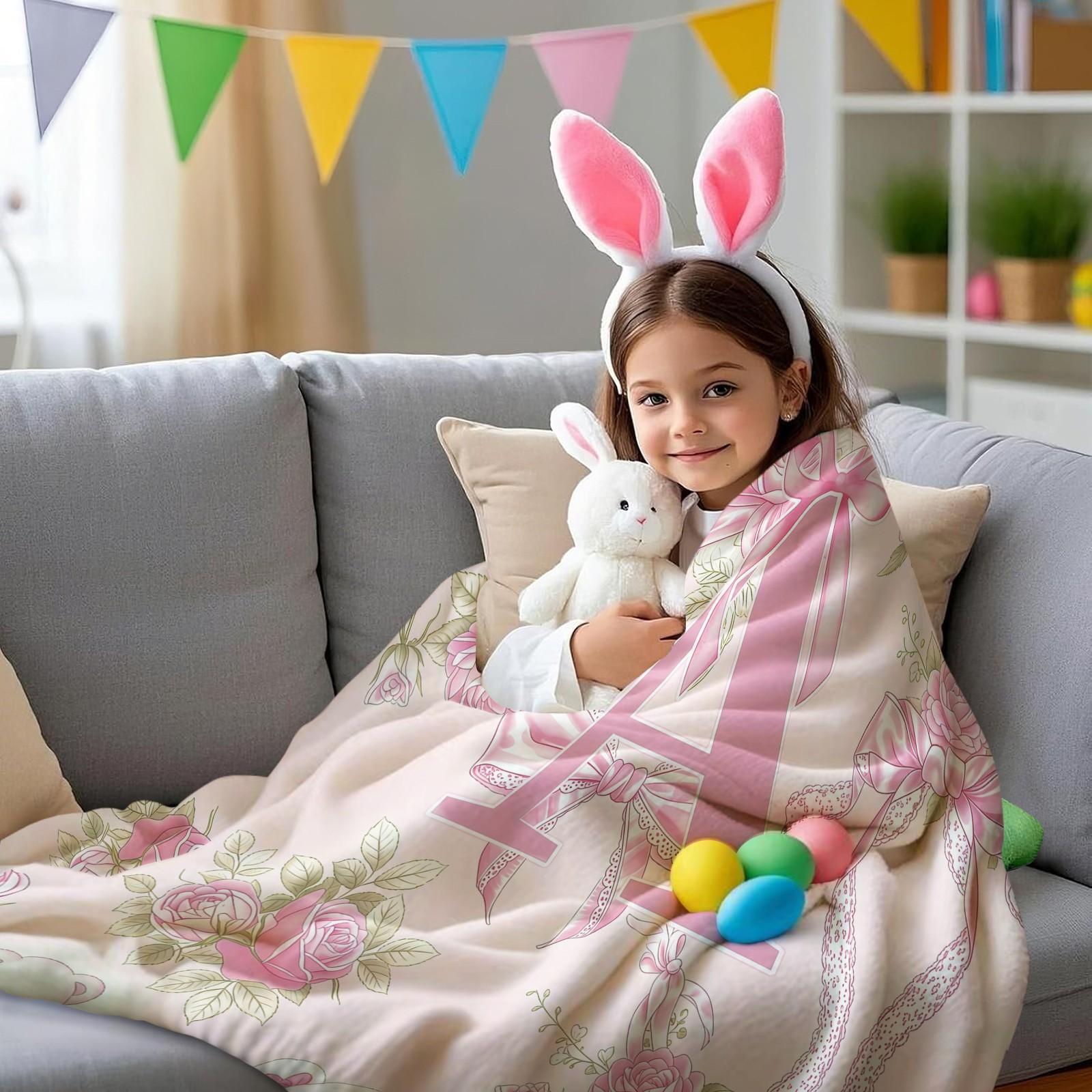 Pink Coquette Initial Letter Throw Blanket, Soft Fuzzy Plush, Teddy Bear & Rose Floral, Girly Bow Print, Lightweight for Couch Bed Office, All Seasons, Aesthetic Room Decor, Perfect Gift