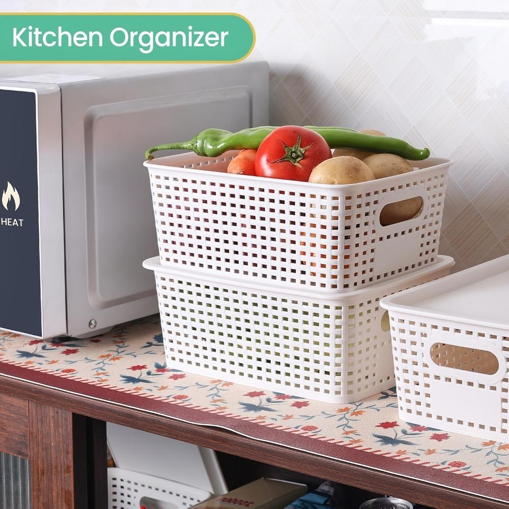 6-Piece Set of Plastic Storage Baskets with Lids (Black/White/Gray) — Stackable Decorative Organizer Bins for Shelves, Drawers, Desktops, Closets, Playrooms, Classrooms, and Offices
