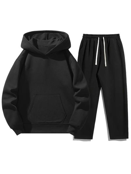 Men's Plain Two-Piece Sweatsuit Set, Fitted Casual Hoodie & Drawstring Pants, Thick Fabric for Fall Winter, Daily Wear Essentials