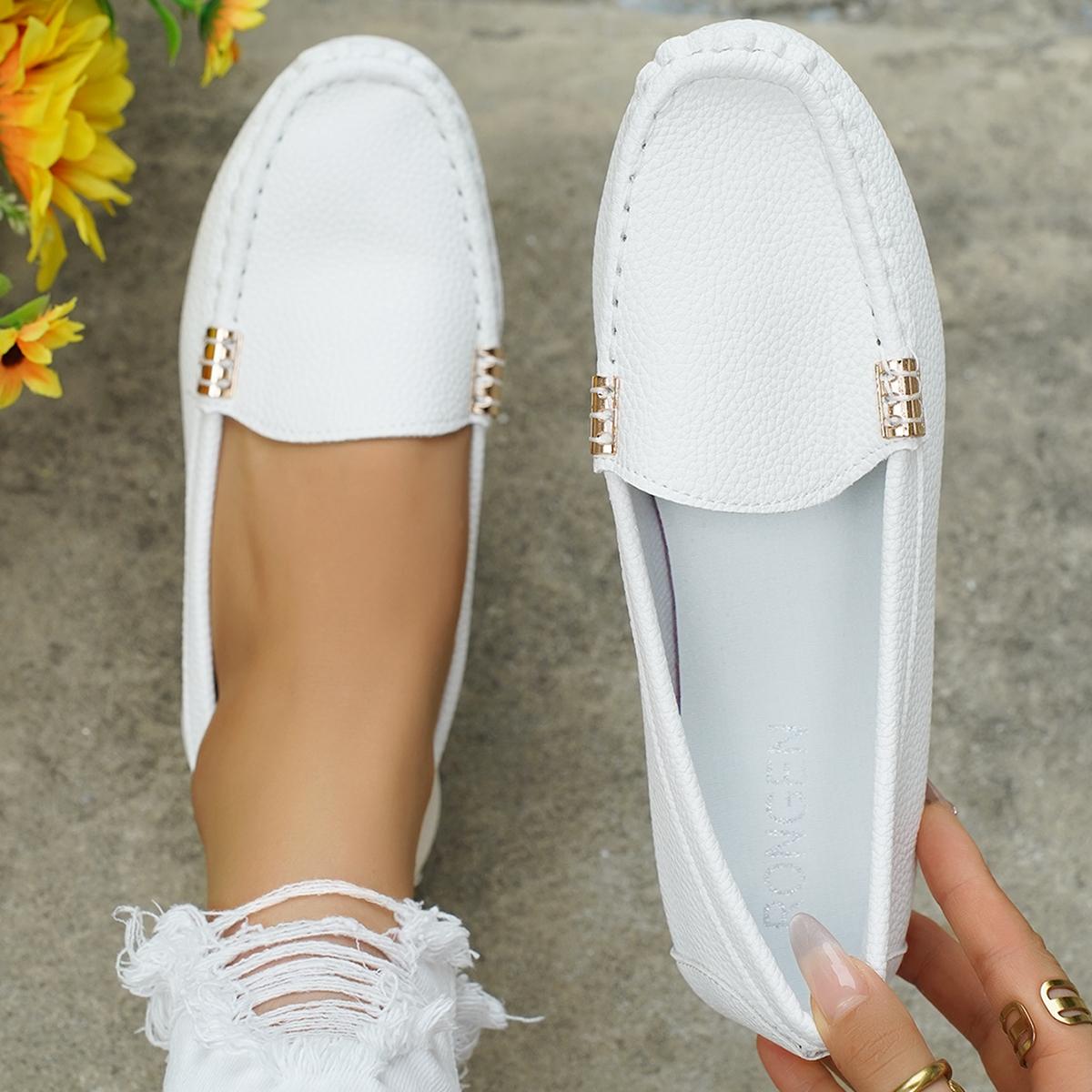 Women's Classic Plain Low Heel Shoes, Fashionable and Sexy, High-End Slant Metal Chain Decoration, Comfortable Casual Loafers, Slip On Shoes