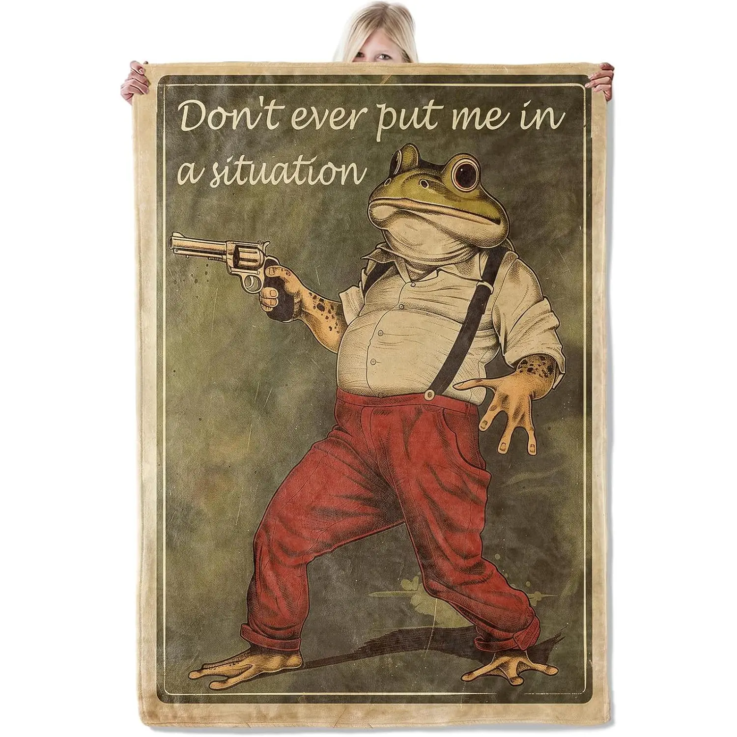 Funny Frog Meme Flannel Blanket, Retro-Style Humorous Throw with Armed Toad and Quote, Soft Lightweight Blankets for Animal Fans, Gag Gifts, Decor