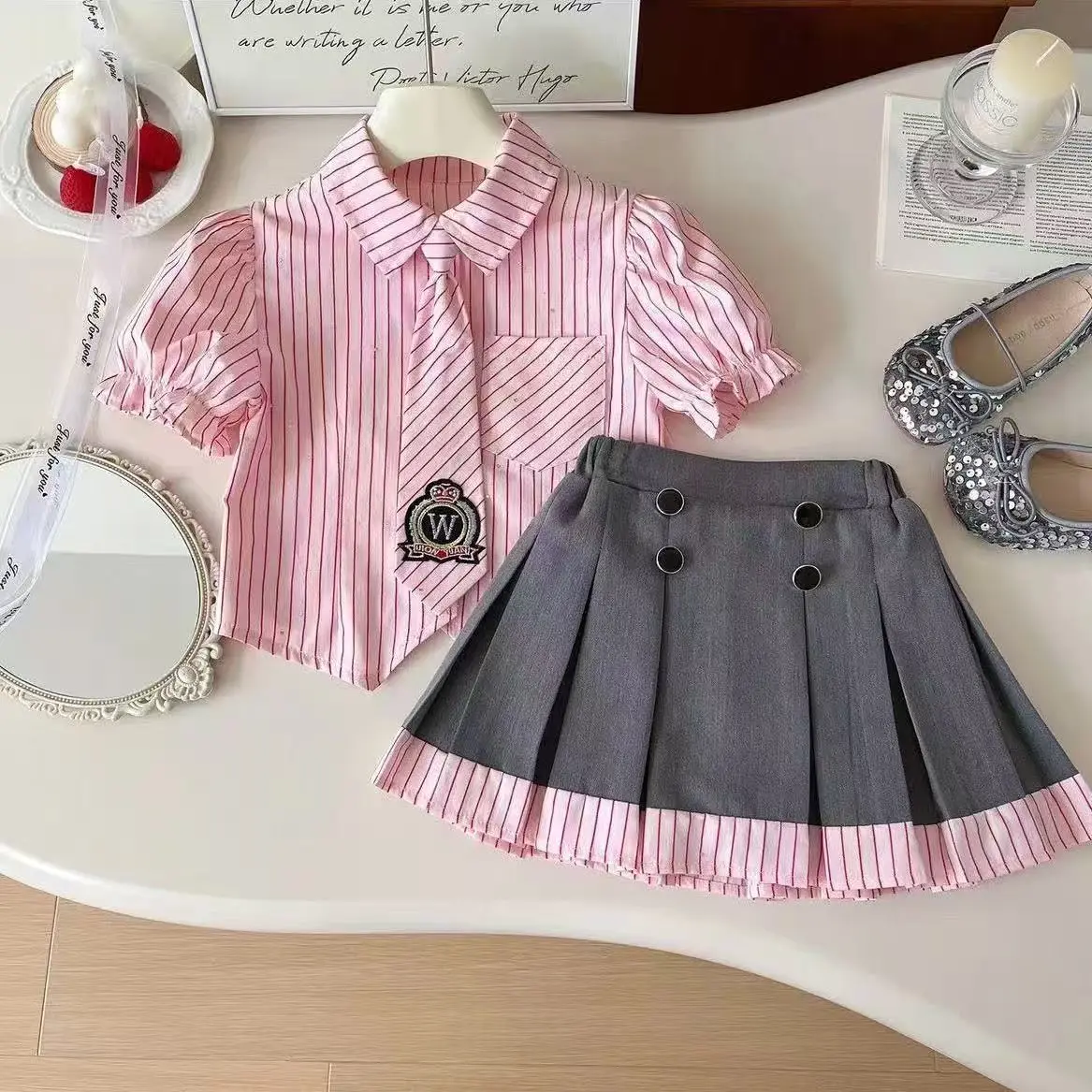 Girls' New Summer Preppy 2 Piece Sets - Pleated Skirt + Striped Puff Sleeve Blouse