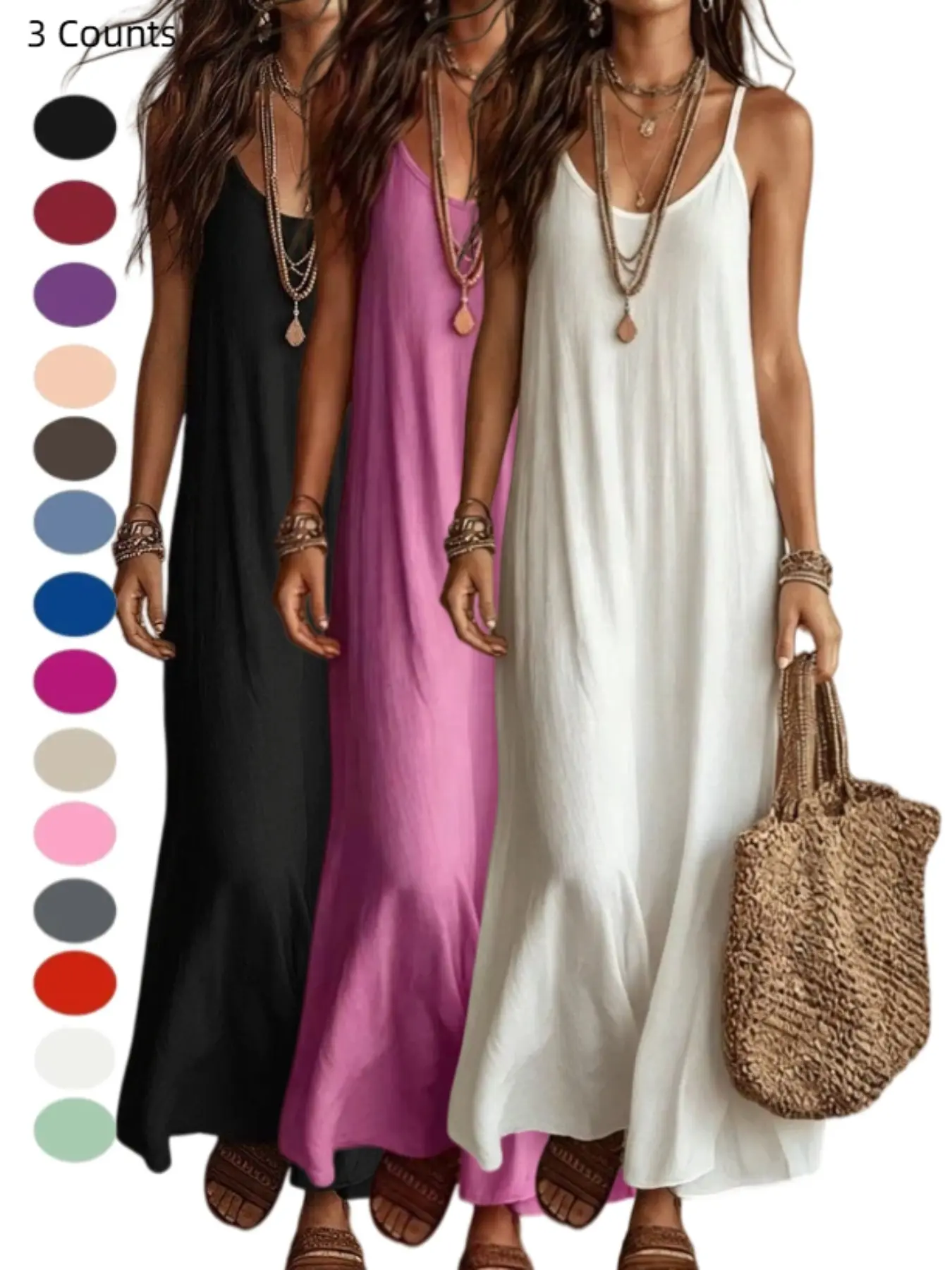 2026 Women's Bohemian Boho Solid Color Vacation Dress, Loose Fit V-Neck Halter Top, Solid Color, Casual Summer, Comfortable and Stylish