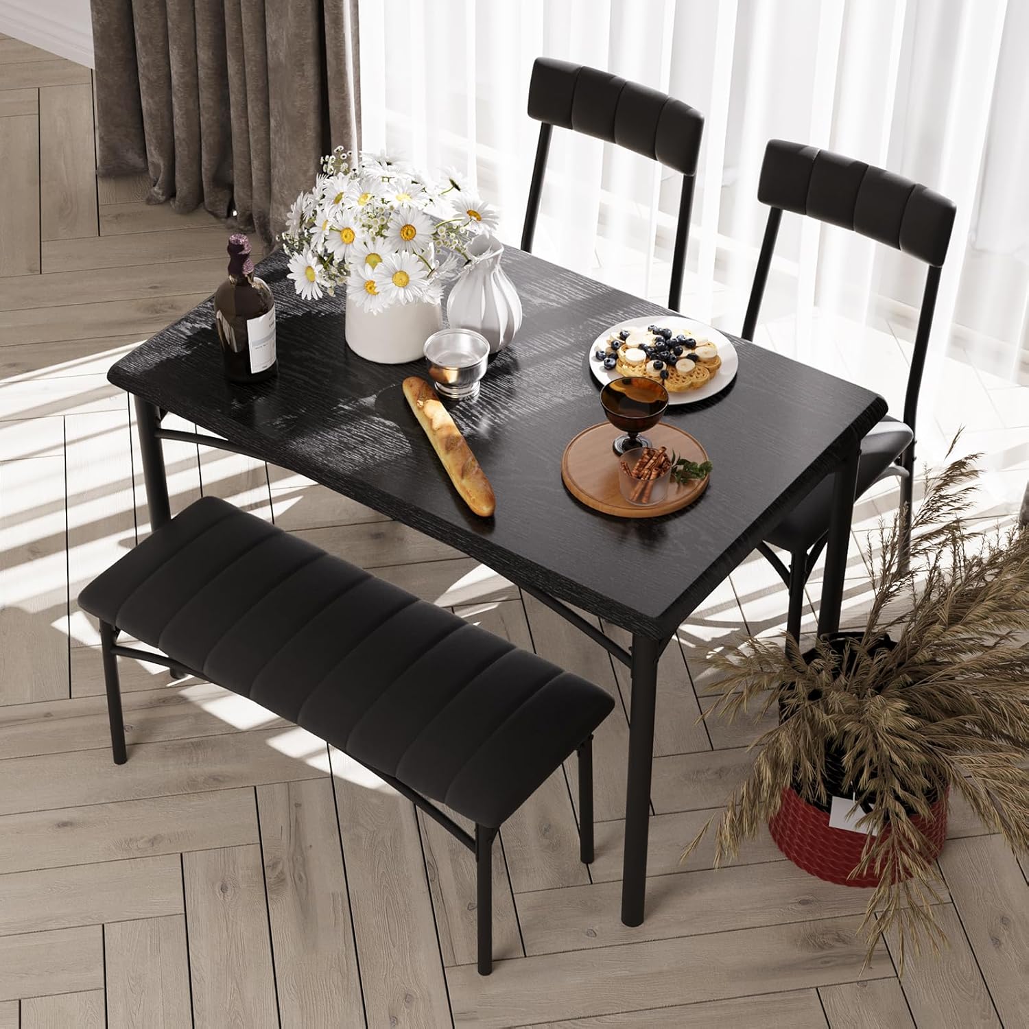 4-Piece Dining Set for 4 with Table, 2 Chairs & Upholstered Bench, Rectangular Wood Kitchen Table for Small Spaces, Apartments & Breakfast Nook