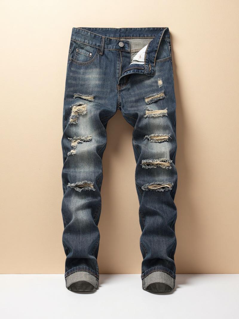 Men's Navy Blue Ripped Elastic Skinny Jeans compression  pants  ripped  jeans jeans  n  s high street jean fashion boy summer gomez  western  wear  outlet