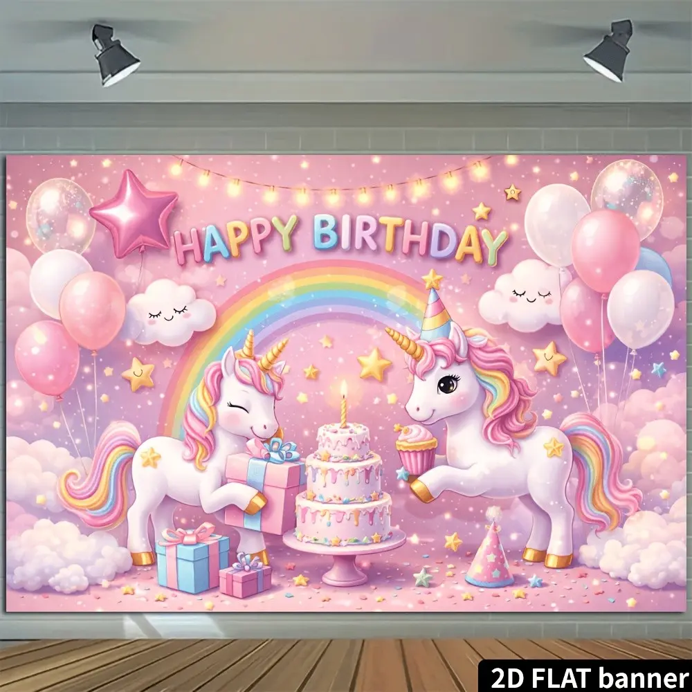 2D Flat 1pc Magical Unicorn Happy Birthday Backdrop Cloth, Dreamy Pink‑purple Background, Twin Cartoon Rainbow‑mane Unicorns, Rainbow Smiley Clouds Birthday Cake Gift Boxes Star Balloons String Lights, for Little Girls Birthday Portrait Photoshoot