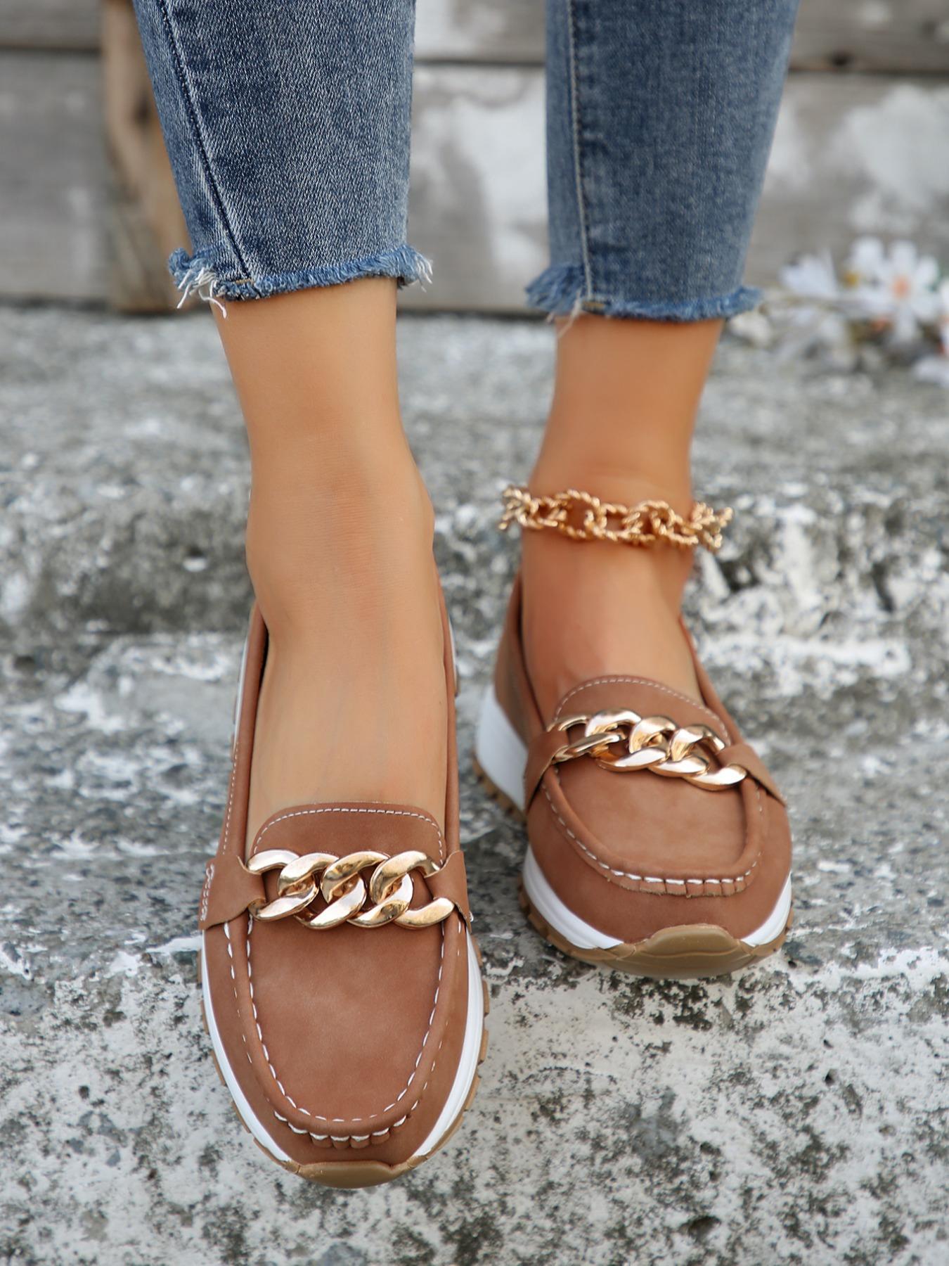 Women's Fashionable Chain Decorated Slip on Loafers, Casual Comfortable Soft Sole Shoes for Daily Wear, Trendy All-match Sneakers for Women & Girls