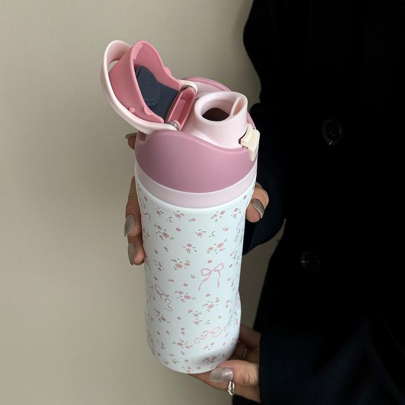 1pc Floral Pattern Insulated Double Wall Stainless Steel Sports Bottle, 24oz-32oz-40oz Sizes, Travel Cup with Straw Design for Gym School Travel, Thermo Tumbler, Insulated Water Bottle