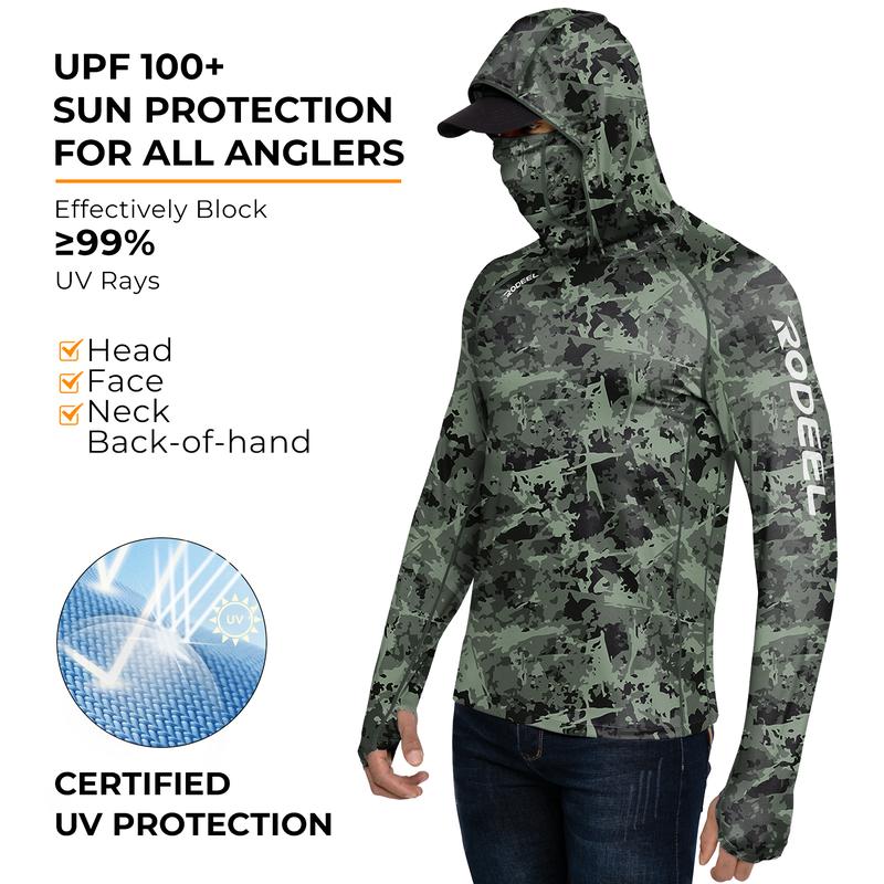 【RODEEL】934 Sun Hoodie Shirts w/ UV Detection Mask Neck Gaiter Thumbhole Men UPF 100+ Sun Protection Long Sleeve Lightweight Quick Dry Moisture Wicking Breathable Cooling Athletic Activewear for Outdoor Sports Fishing Construction Roofing, Holiday Gift