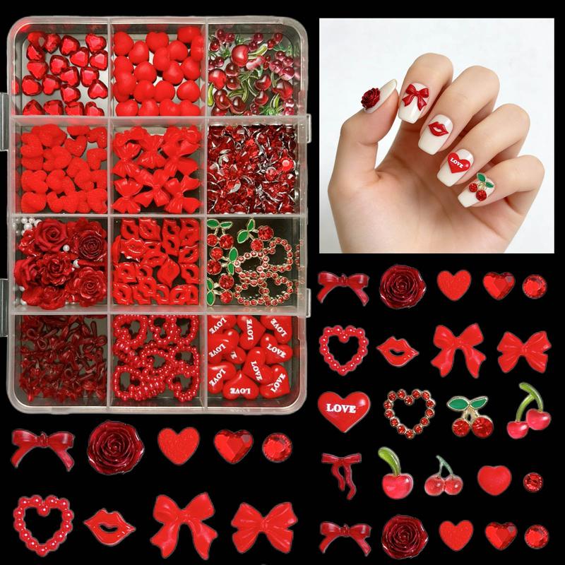 1 Box Valentine's Day Red Nail Charms 3D Creative Resin Heart Bow Mouth Alloy Cherry Nail Art Decorations DIY Festive Manicure Supplies for Women & Grils