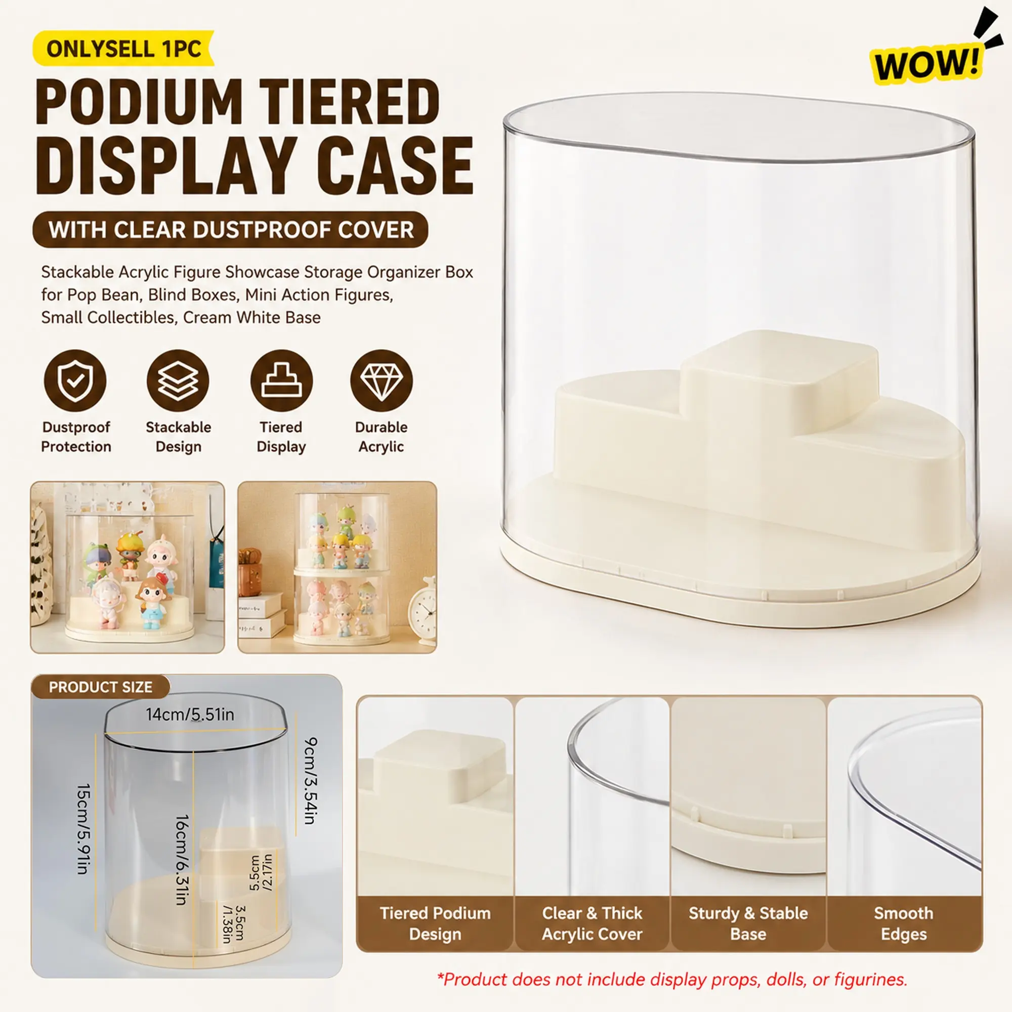 Podium Tiered Display Case with Clear Dustproof Cover, Stackable Acrylic Figure Showcase Storage Organizer Box for Pop Bean, Blind Boxes, Mini Action Figures, Small Collectibles, Stand Figurine, Figure Decor, Cream White Base