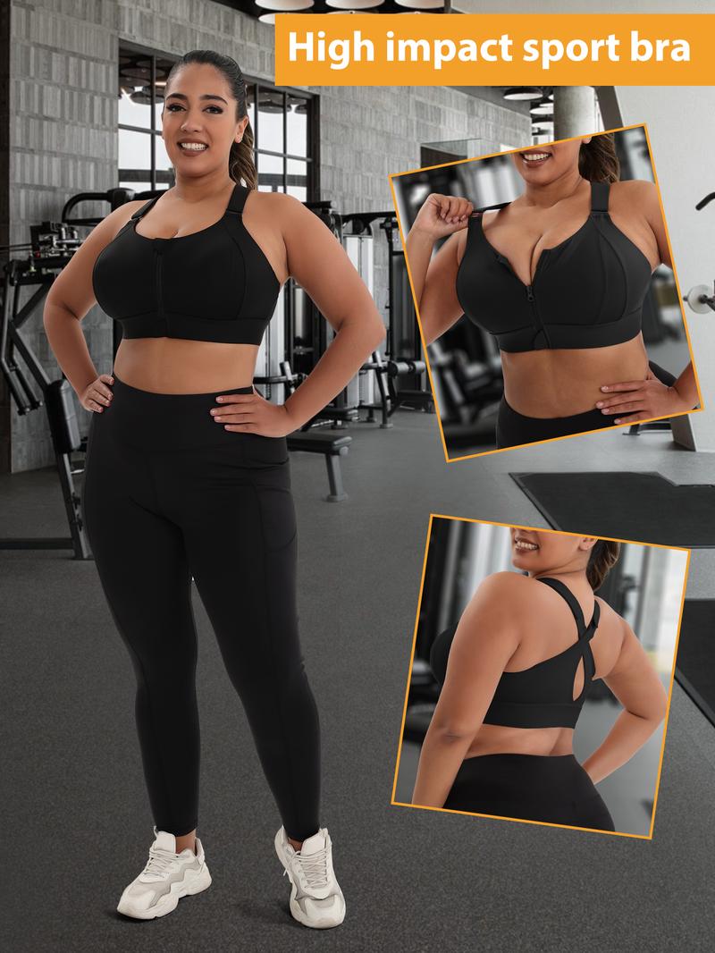 【Plus Size】 Criss Cross Zipper Front Wireless Sports Bra, Solid Adjustable Strap High Stretch Yoga Bra, Women's Sport Clothing for Indoor Outdoor Wear
