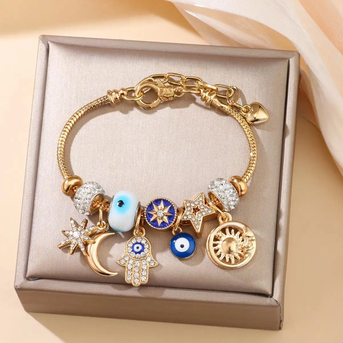 Gold Tone Adjustable Snake Chain Hamsa Eye Bracelet with Plastic Charm, Boho Aesthetic Good Luck Amulet, Rhinestone Spiritual Protection Jewelry for Everyday Wear