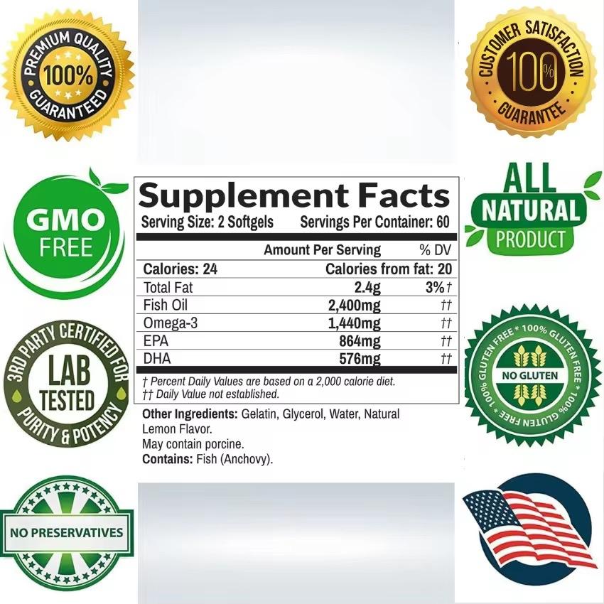 Triple Strength Omega 3 Fish Oil 2400mg, 180 Capsules, Burpless Lemon Flavor, High Epa Dha, Joint Support, Heart Brain Health