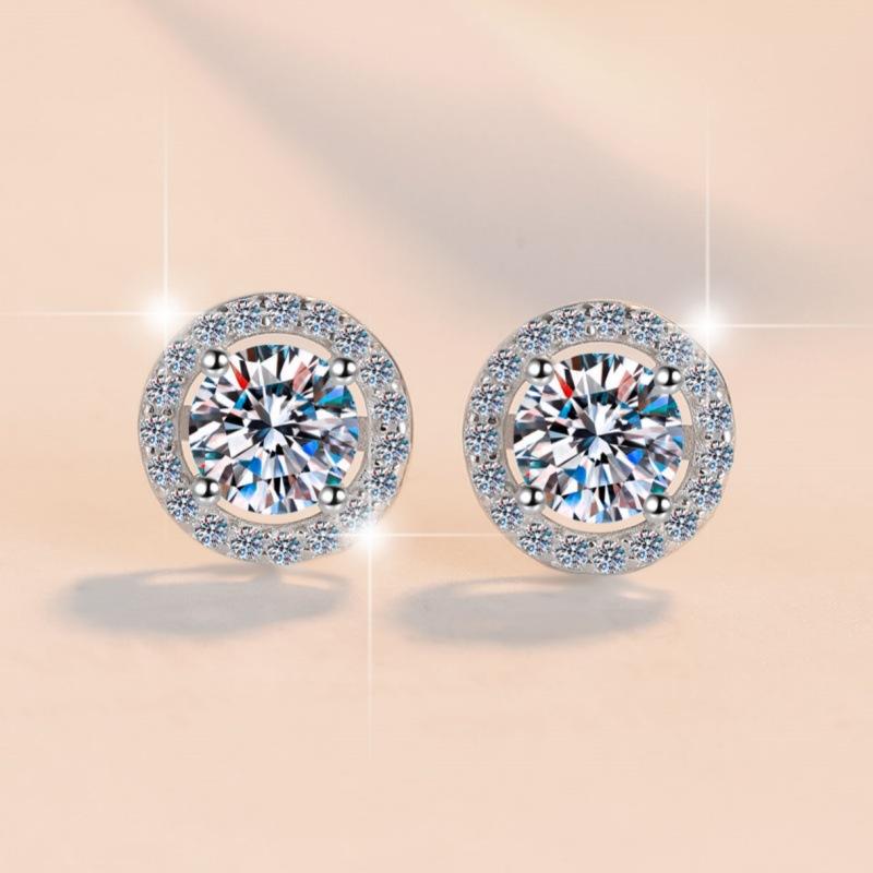 Women's S925 Sterling Silver Electroplated Gold Round-Setting VVS Grade Moissanite Stud Earrings - Unisex Classic Hip-Hop Style, Electroplated Finish, Adult Casual Everyday Wear Artificial Gemstone Jewelry, Choking Hazard Small Parts Note