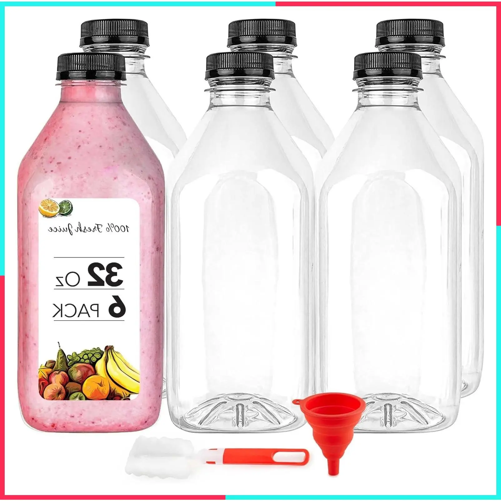 32 Oz Juice Bottles with Caps (6 Pack) - Reusable Clear Plastic Drink Containers for Mini Fridge - Water Bottles Bulk - Includes Labels, Brush & Funnel