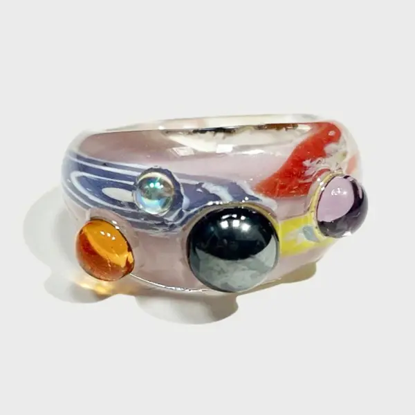 Handcrafted Multicolor Glass Statement Ring, Thick Transparent Solid Glass Band With Round Glass Bead Inlay, Y2K Indie Hand‑made Artisan Aesthetic Decorative Finger Ring, Daily Wear Fashion Accessories For Women