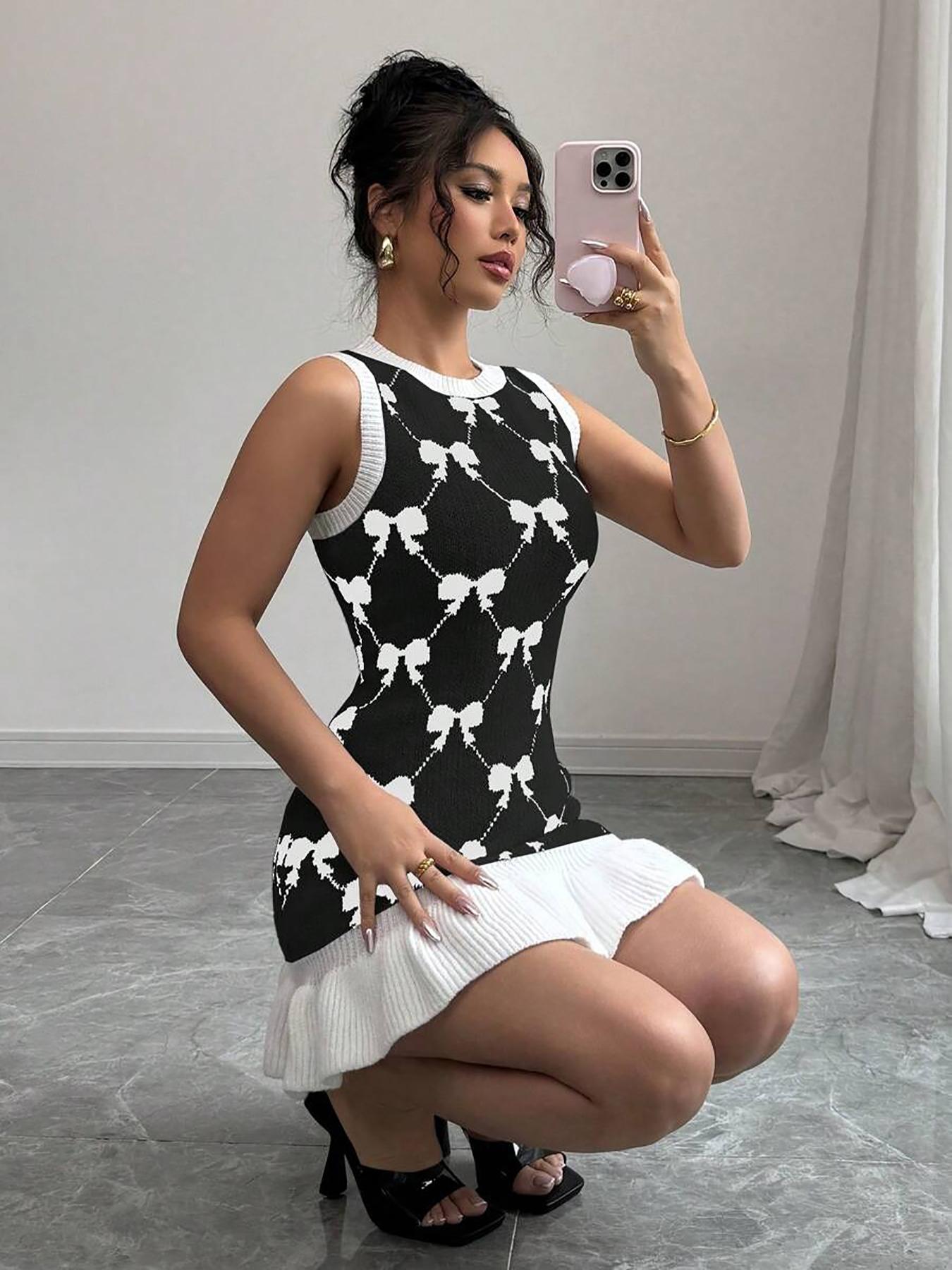 Women's Bow Print Ruffle Hem Sweater Dress, Sleeveless Round Neck Knit Casual Chic Fitted Elegant Dress for Summer, Fashion Women's Dress for Daily Wear, Casual Summer Chic Womenswear