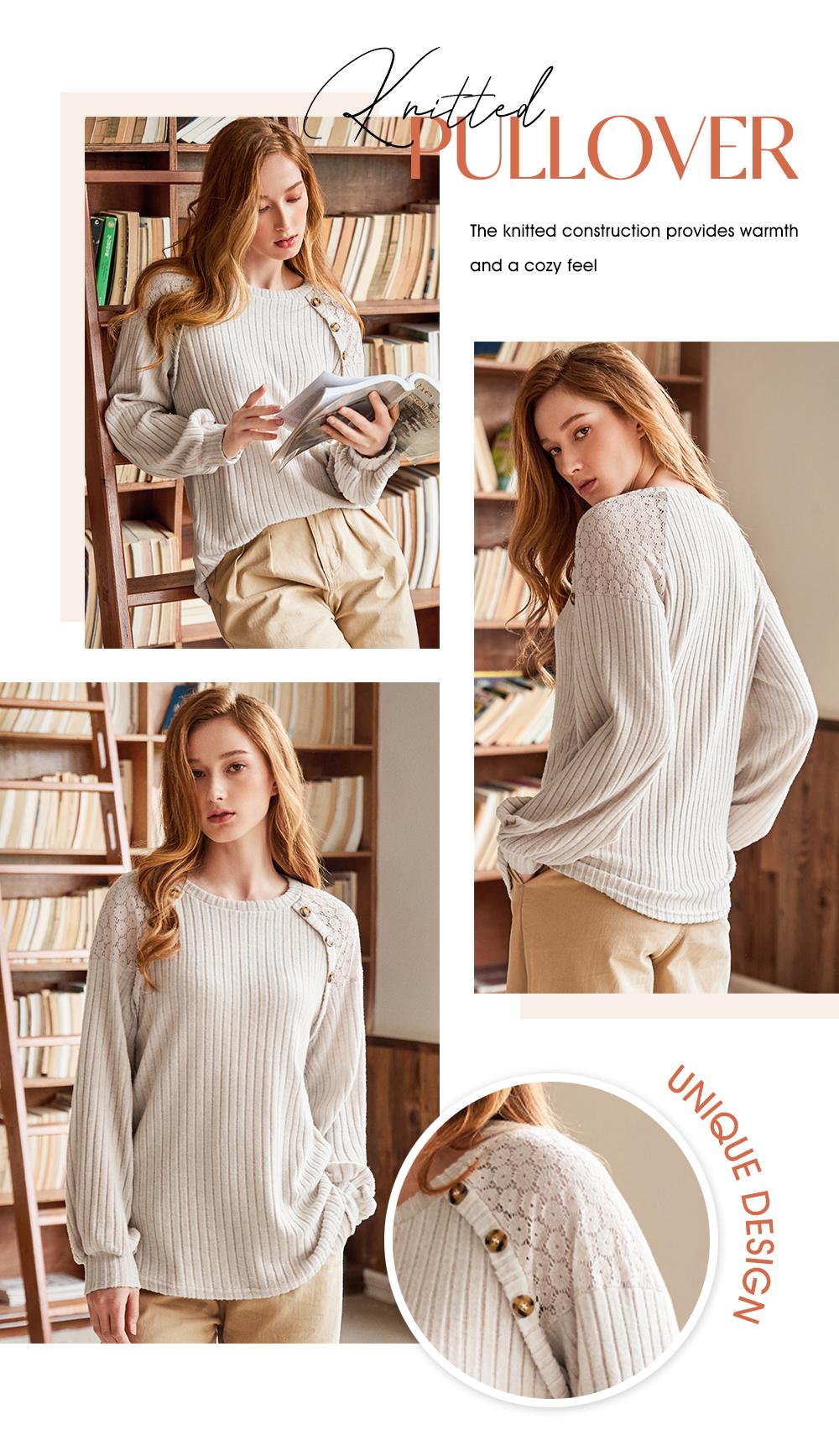 EVALESS Women’s Fall Pullover Sweater Long Sleeve Crewneck Lace Patchwork Loose Fitted Casual Cute Trendy Tunic Sweaters Tops 2026 Womenswear Outfits