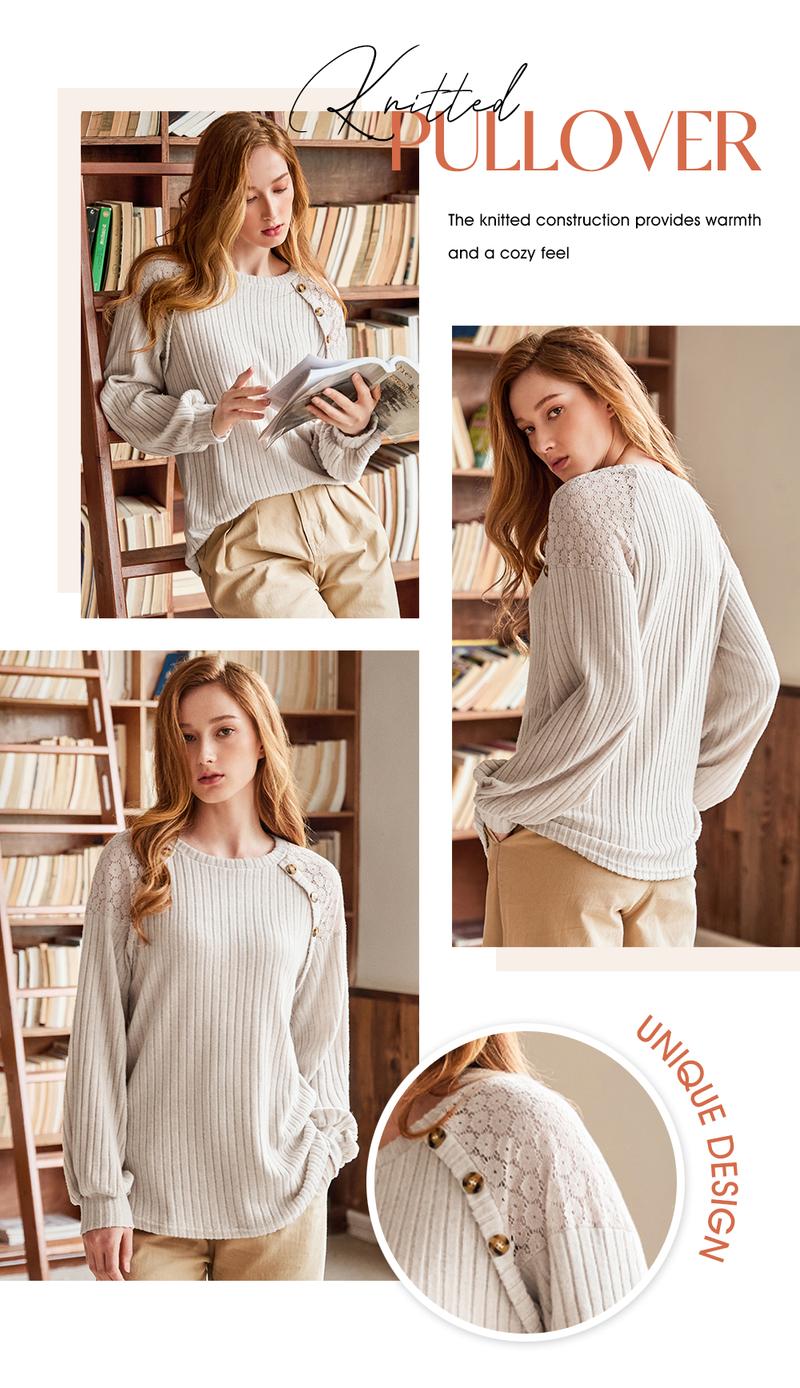 EVALESS Women’s Fall Pullover Sweater Long Sleeve Crewneck Lace Patchwork Loose Fitted Casual Cute Trendy Tunic Sweaters Tops 2026 Womenswear Outfits