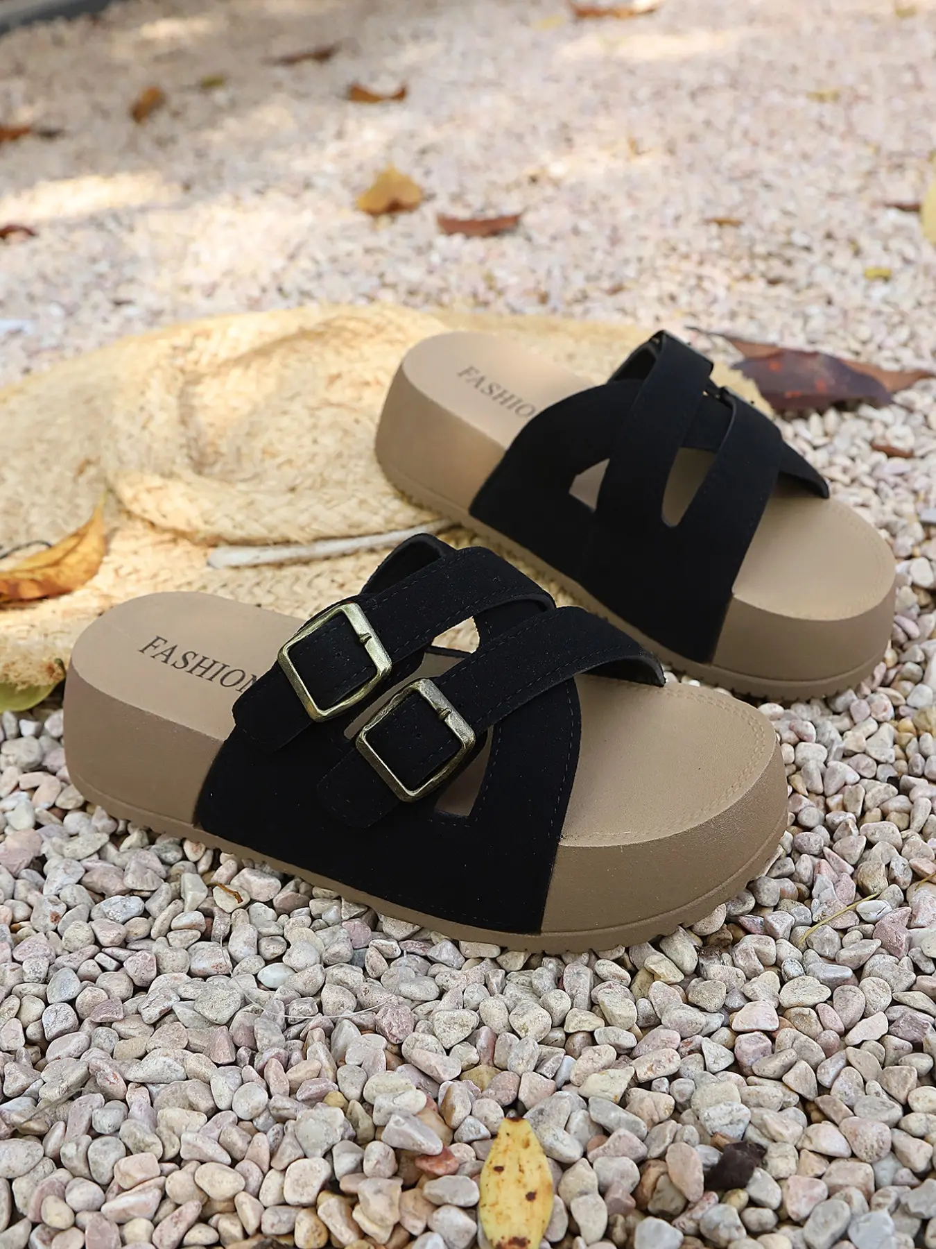 Trendy Dual Buckle Birkenstock-Style Thick Sole Sandals, Soft Footbed Height Boost Slimming, Versatile Commute Beach Lazy Slip-Ons