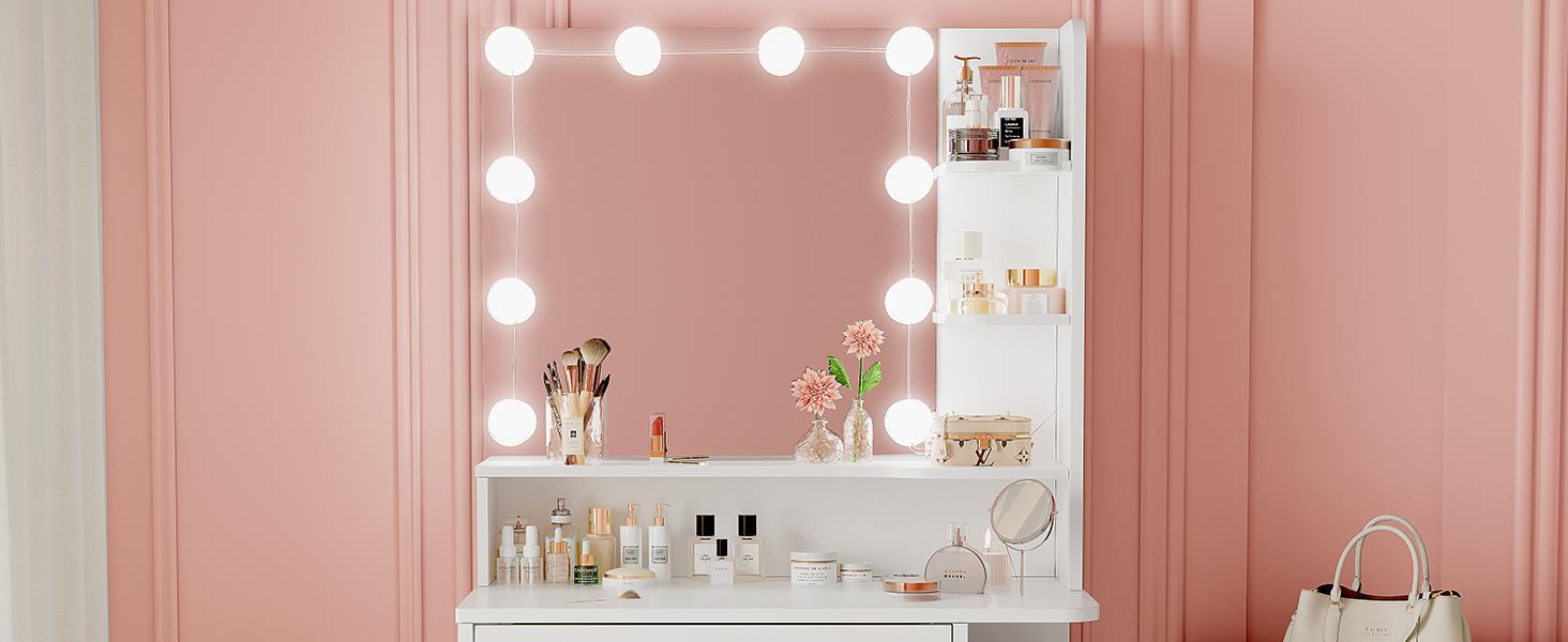 Makeup Vanity Desk with Mirror and Lights, 26.4”Small Vanity Mirror with Lights with Large Drawer and 6 Level Storage, White Vanity with Large Led Mirror with 3 Color Lighting Modes