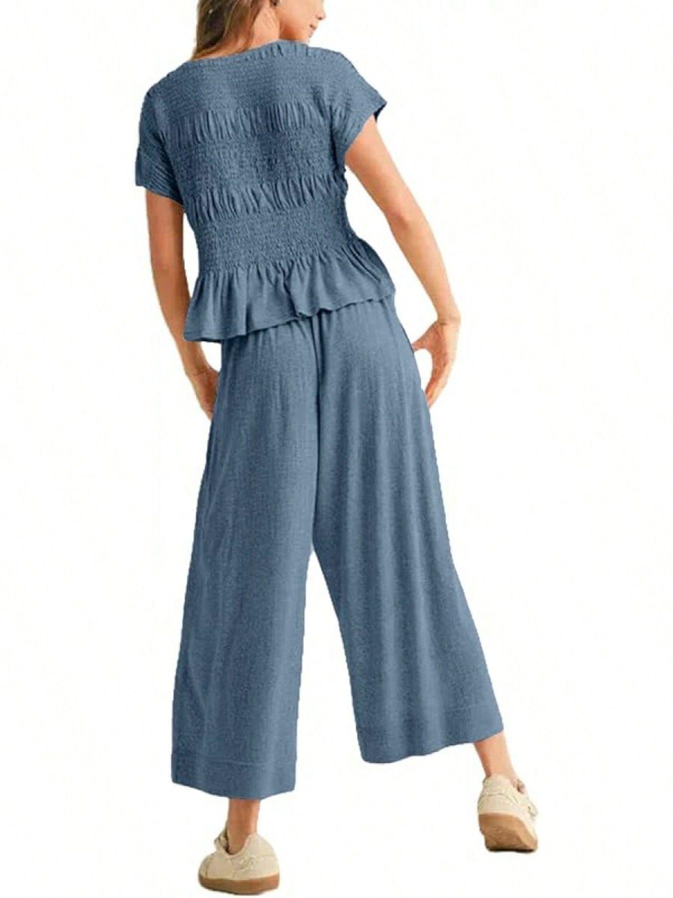 Women's Summer 2-Piece Set Outfit Top + Wide Leg Pants, Soft Breathable Fabric, High Waist Casual, Loose Fit with Pockets