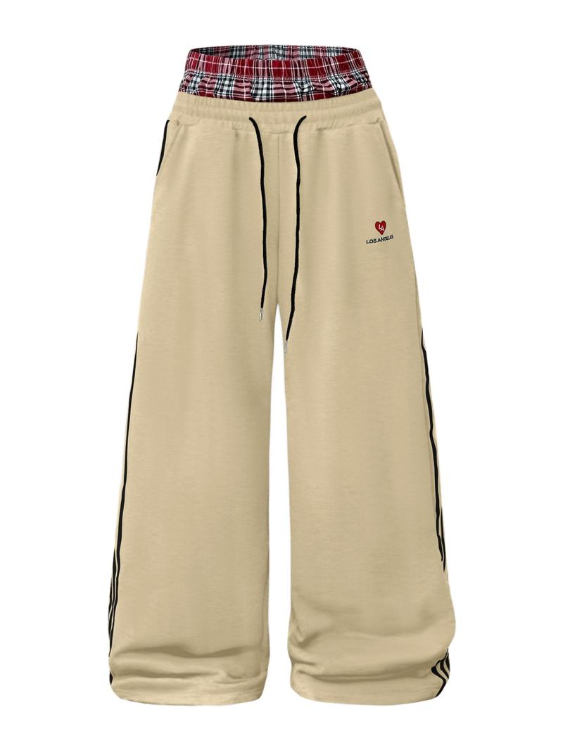 Men's Baggy Sweatpants High Waisted with Plaid Waistband, Trendy Wide Leg Lounge Pants, Casual Streetwear Joggers with Side Stripes