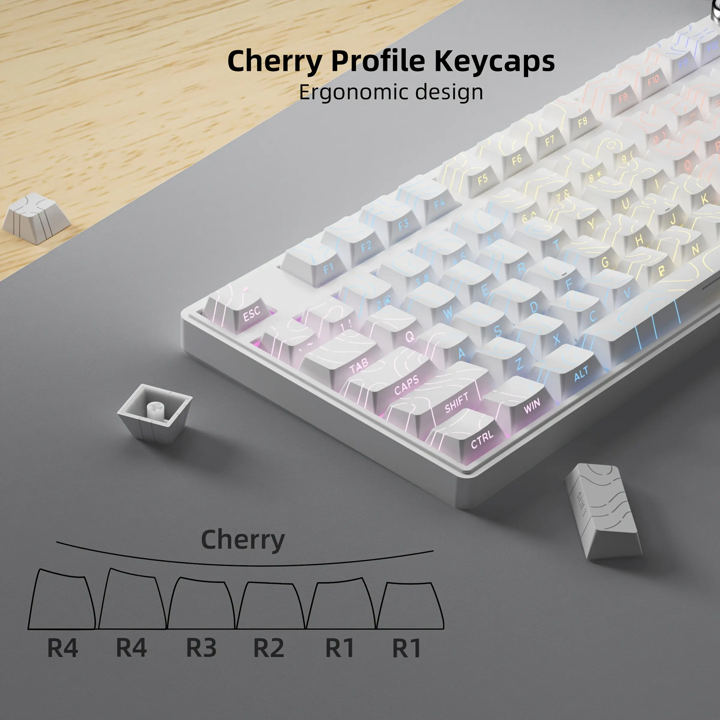 Topographic Side Printed keycaps Dual Color Glowing Crack Effect Pbt Keycaps, RGB Compatible Side Etched Keycap Set, Suitable for Tkl and Compact Keyboards, Gaming Pc Accessories