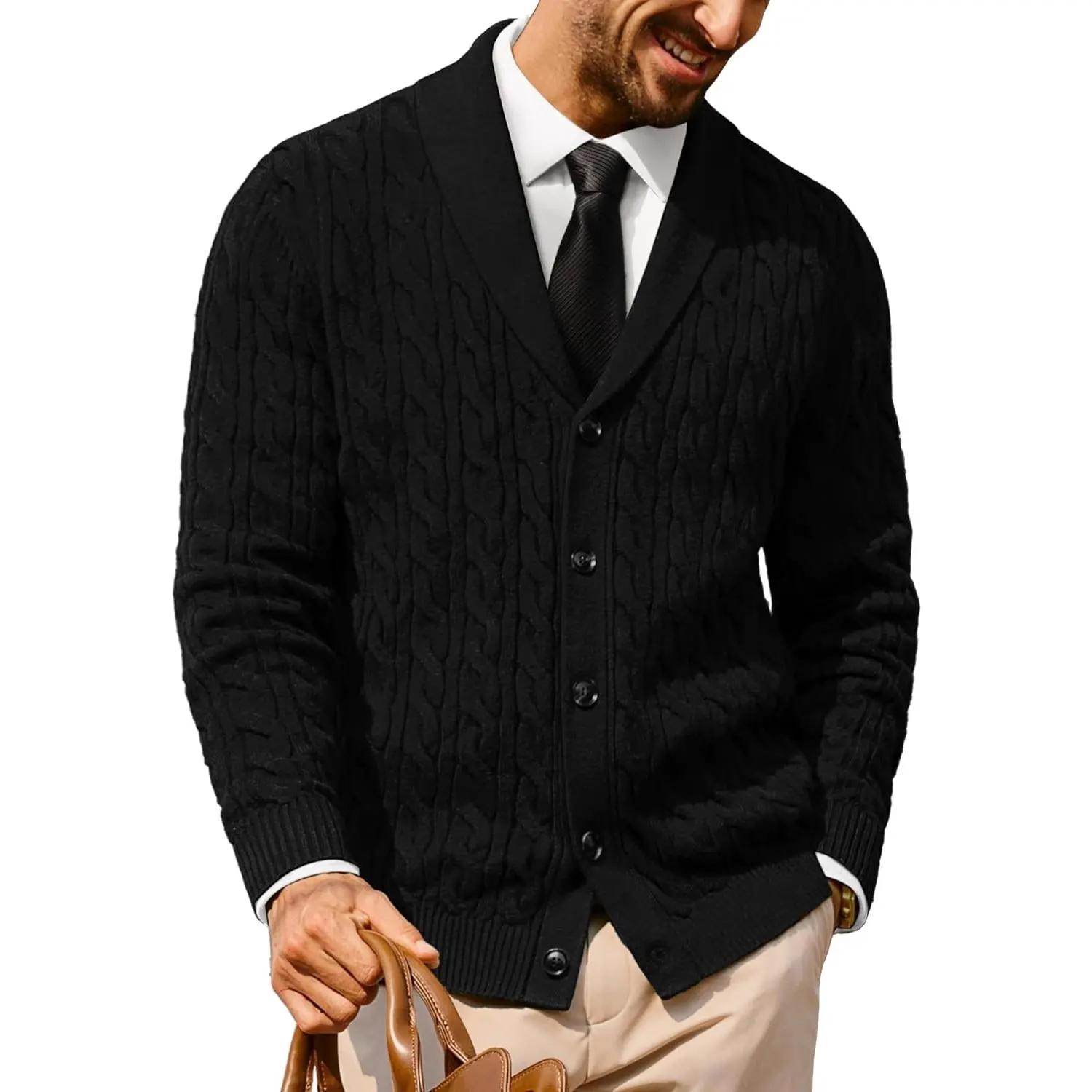 Men's Cable Knit Button-Down Cardigan Sweater - Shawl V-Neck, Business Casual, Cozy Warm Knit, Soft Stretch Material, Fall Winter Layering, Classic Vintage Look, Jeans, Tops, Streetwear, Long Sleeve Tee