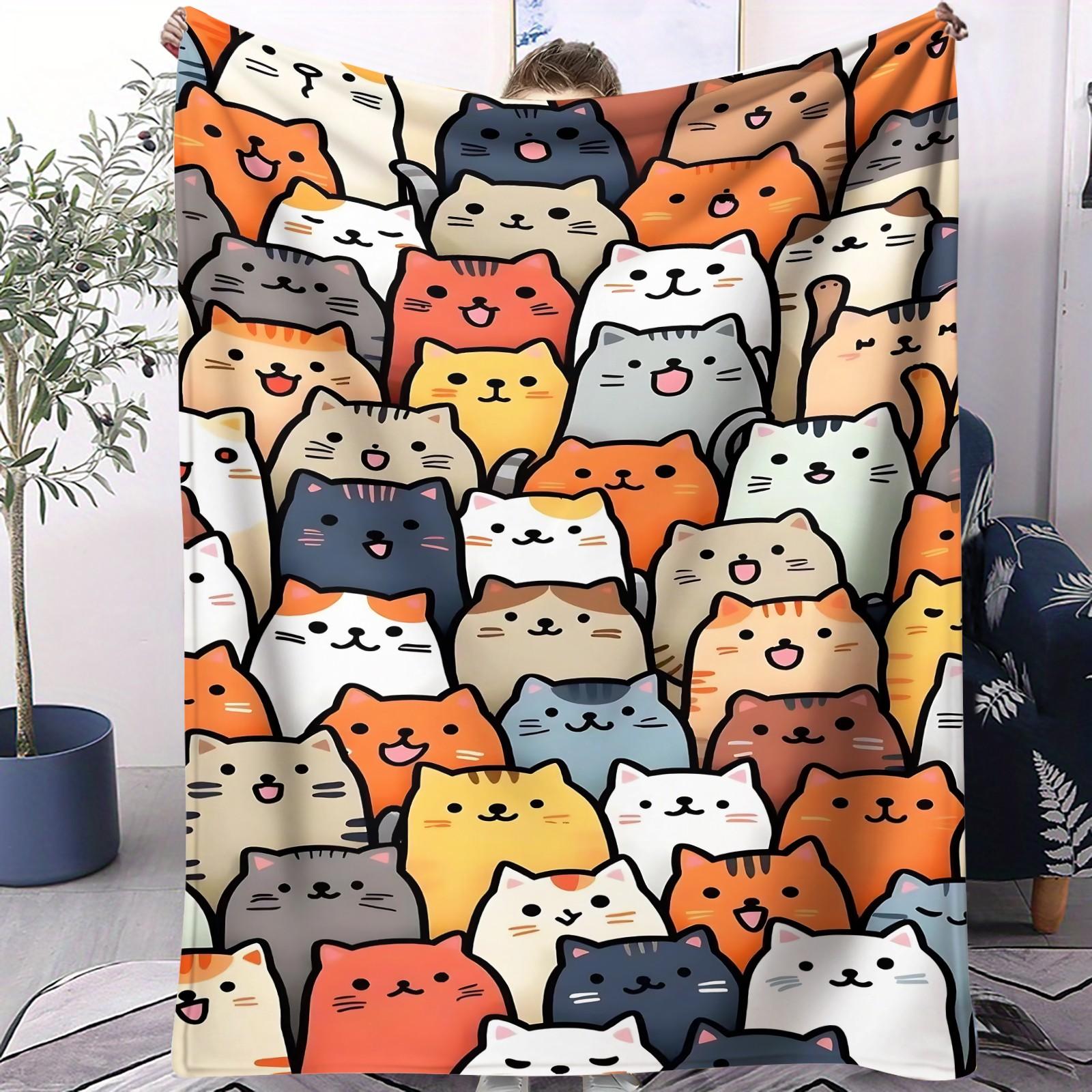 Cartoon Cat Print Blanket  Soft and Cute Flannel Blanket with Cat Print The Perfect Gift for Animal Lovers. Lightweight and Comfortable, Ideal for Bedrooms, Sofas, Living Rooms, and Outdoor Use