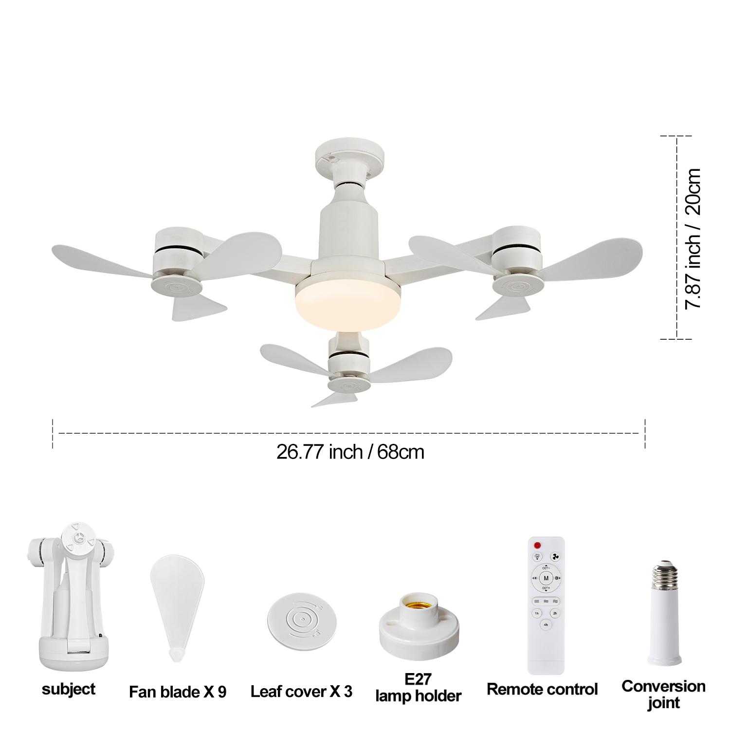 Ceiling Fan Light, E27 Socket, 3 Heads 9 Blades, Remote Control, Adjustable Brightness 3000k-6000k, 3 Speeds with Memory, Energy Saving