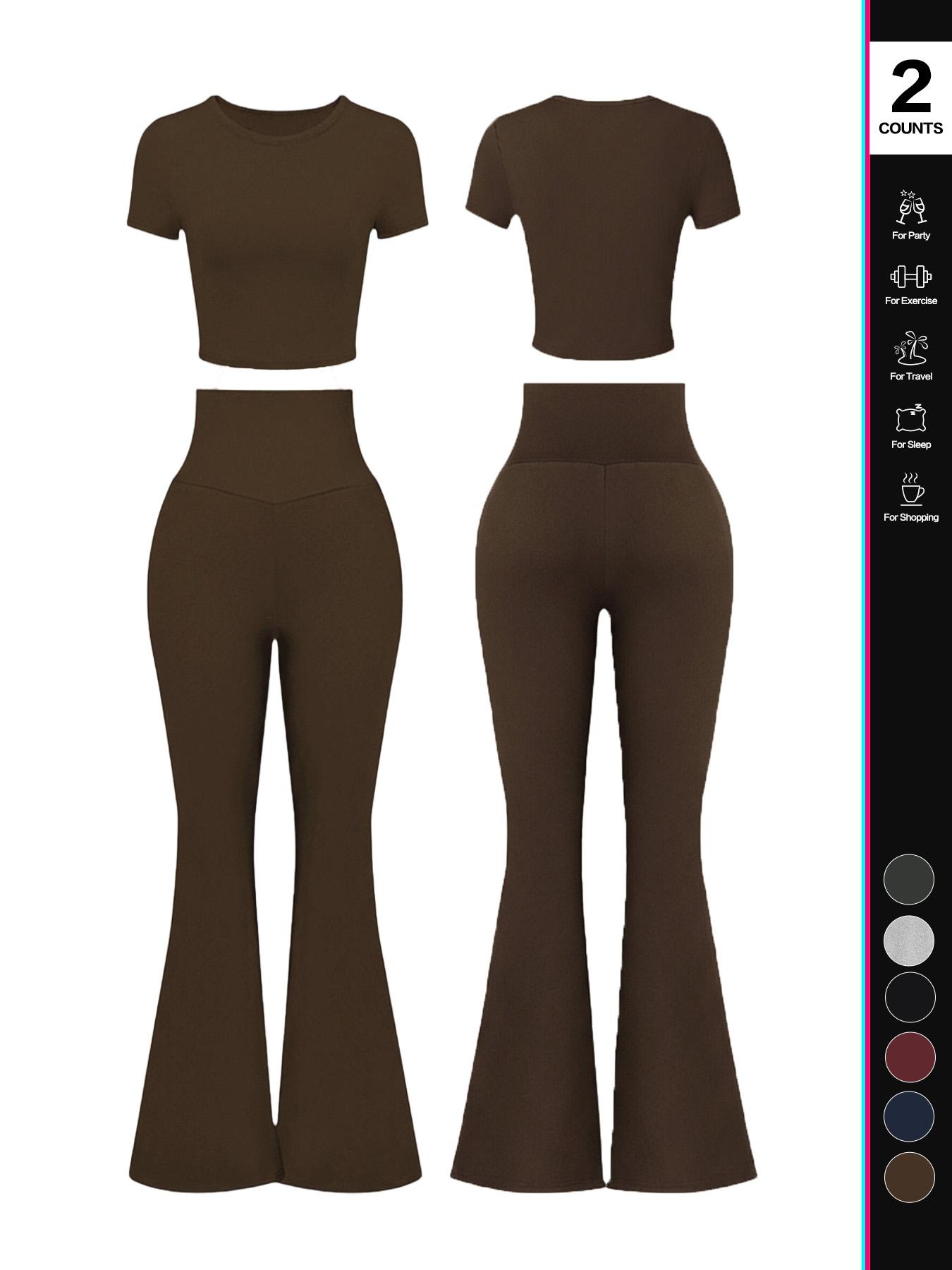 Women's Solid Loungewear Set, Casual Short Sleeve Crop Top & High Waist Flare Leg Pants, Ladies Sleepwear for All Seasons, Pajama Set