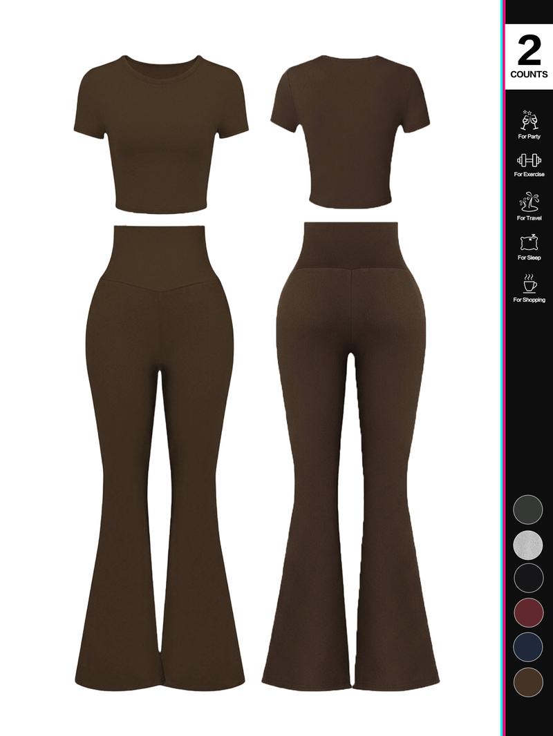 Women's Solid Loungewear Set, Casual Short Sleeve Crop Top & High Waist Flare Leg Pants, Ladies Sleepwear for All Seasons, Pajama Set