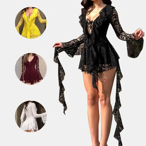 Women's Fashion Y2K Lace Bow Tie Flounce Sleeve Dress, Trendy Comfortable Long Sleeve, Stylish Ladies' Clothing