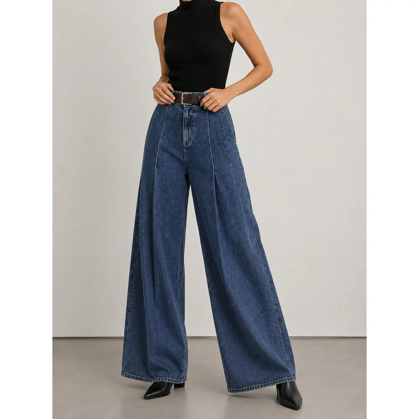 Women's High Waisted Wide Leg Jeans Loose Fit Pleated Denim Pants with Pockets Belted Casual Trousers Vintage Retro Streetwear for Spring Autumn Winter Going Out Everyday Outfit Soft Cotton Blend Relaxed Palazzo Pants for Women Casual Chic Style