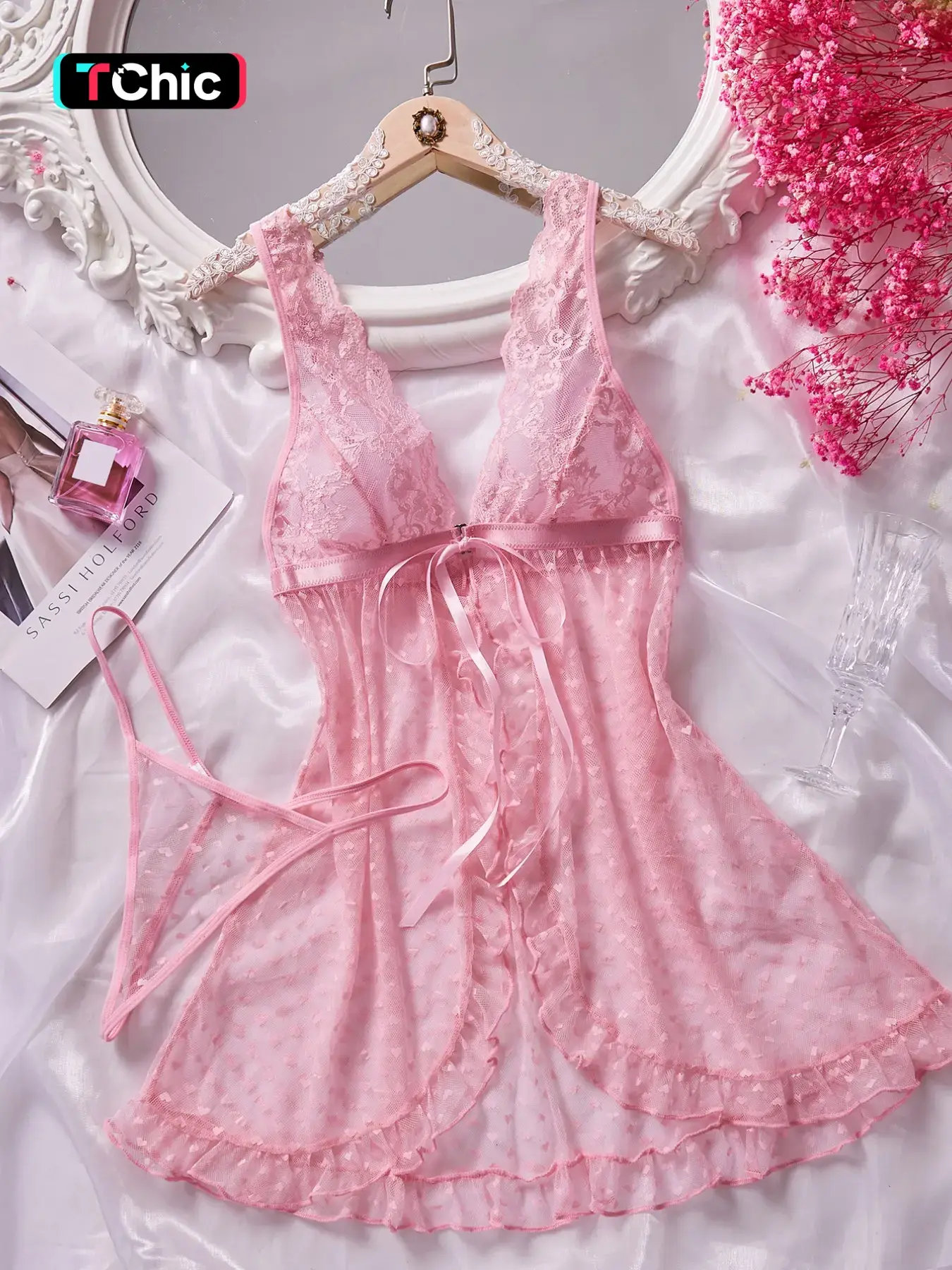 Women's Valentine's Day Gift, Casual Cute Elegance Embroidered Pajama Set, Summer Sleepwear, Nightwear, Loungewear, Deep V Neck, Floral Embroidery, Semi-Transparent, Sleeveless