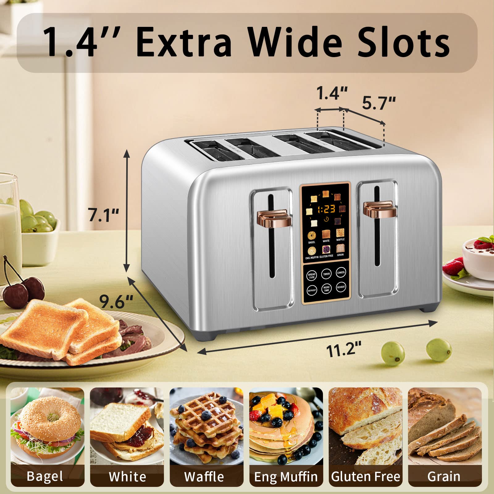 Toaster 4 Slice, Stainless Toaster LCD Display, Touch Buttons, 6 Bread Selection, 7 Shade Settings, 1.4''Wide Slots Toaster Cancel, Defrost, Reheat, Removable Crumb Tray, 1800W Home Kitchen Appliances Multifunction Steel