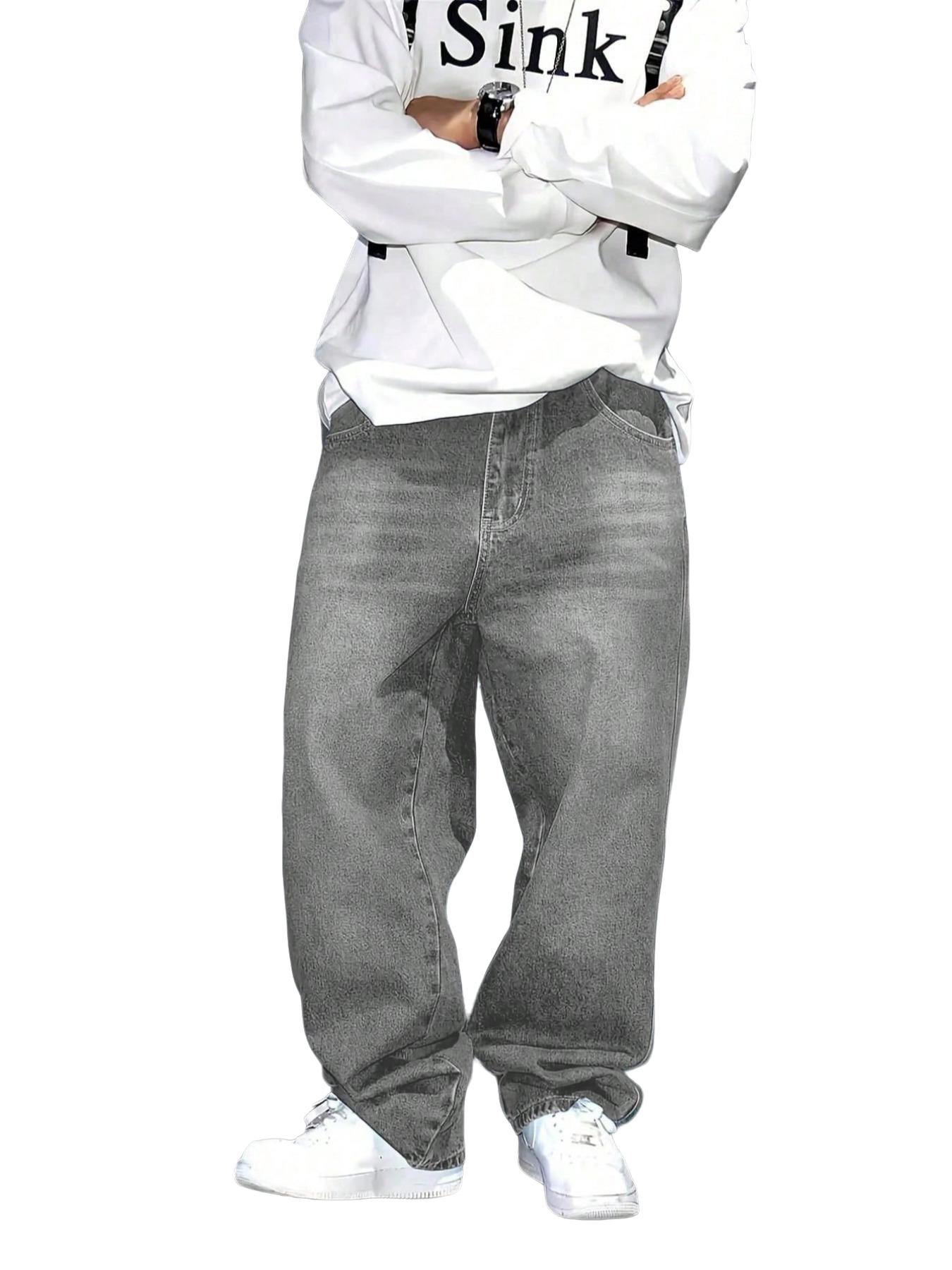 Men's Straight Leg Denim Jeans, Street Style Loose-Fit Casual Pants, All Season Fashionable High-Street Long Trousers, Relaxed Fit Jeans