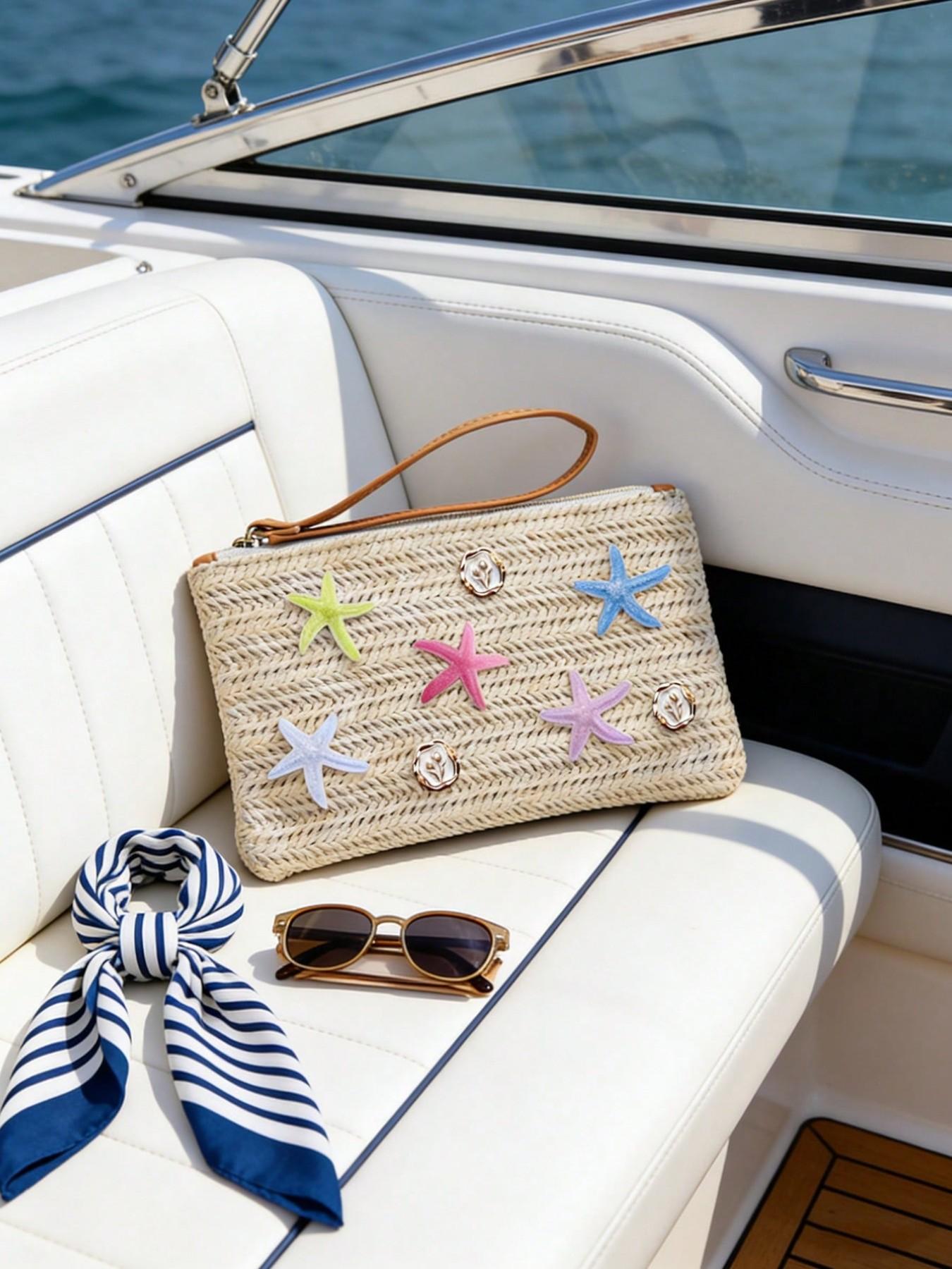 Boho Starry Straw Handbag, Colorful Star Decor, Beach Travel Bag, Summer Vacation, Casual Outings, Mother's Day Gift, Women & Teens