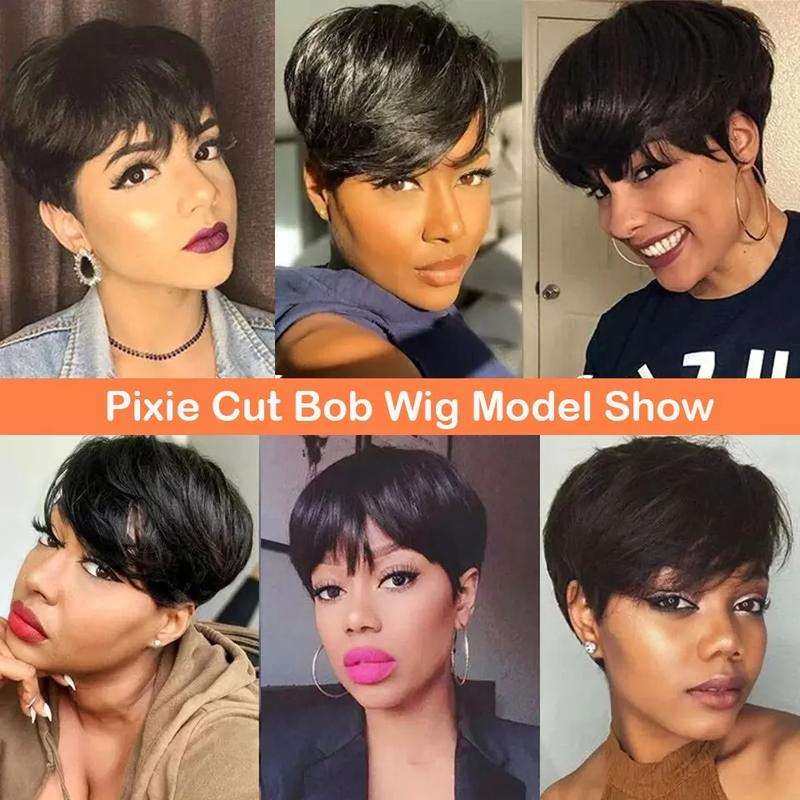 Cikana Hair Pixie Cut Wigs for Black Women Human Hair Short Bob Wig Human Hair Wigs with Bangs Layered Style Bob Wigs for Black Women Machine