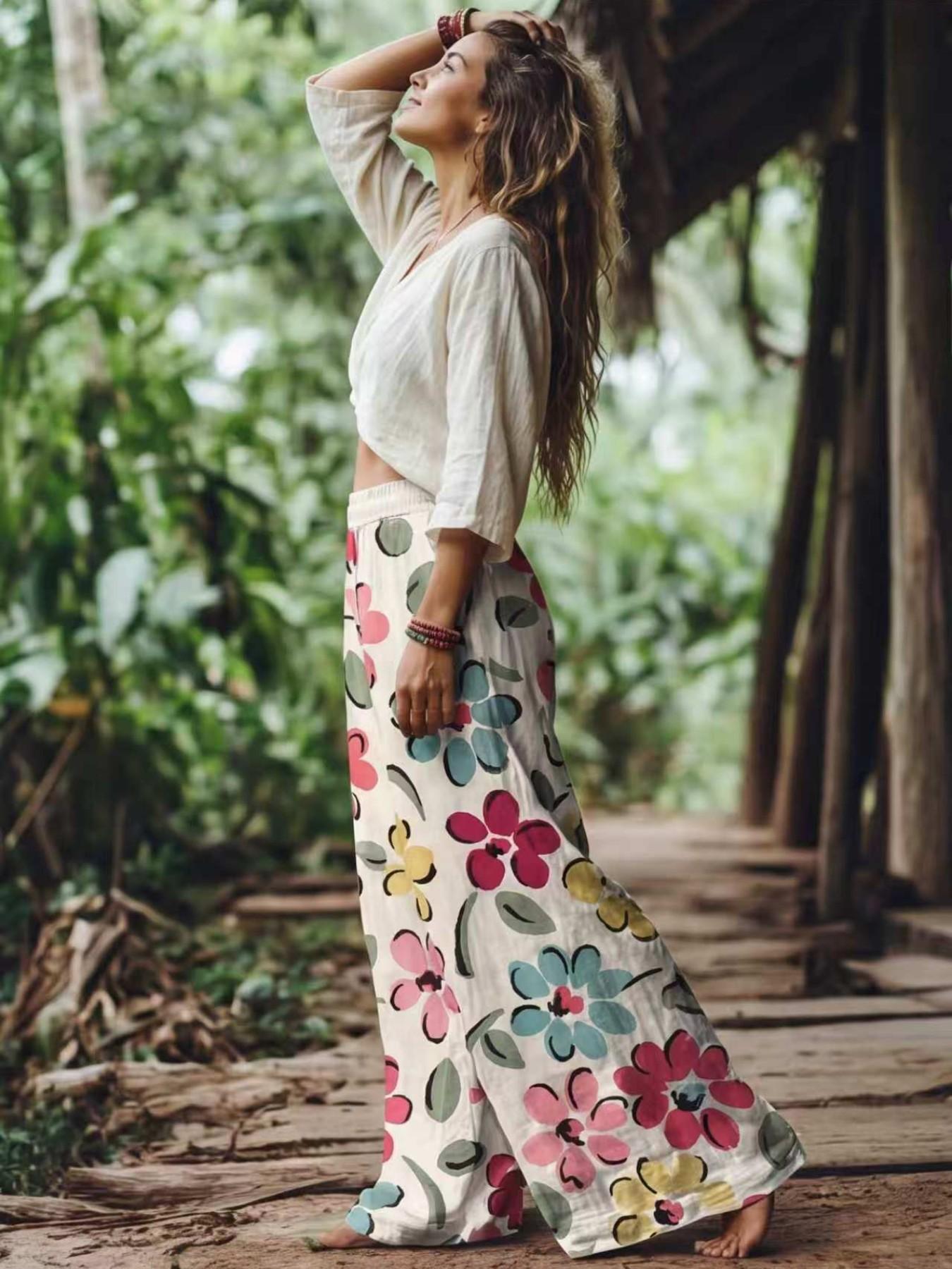 Women's Floral Print Casual Long Pants, Comfortable Breathable Fabric, Ideal for Vacation, Home, Daily Wear, Suitable for Spring Summer Fall