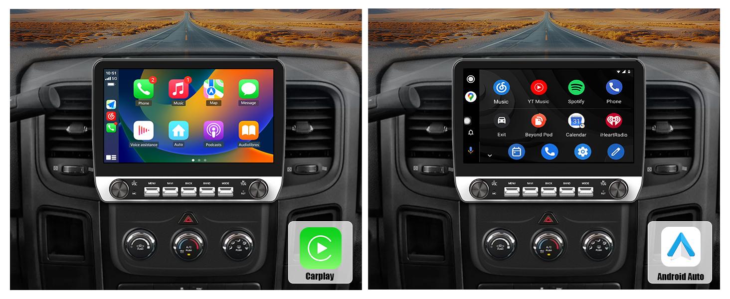 10.1" Android 13 Car Stereo for Dodge Ram 1500 2500 3500 2013-2018 (Manual AC) touch screen has Android Auto Wireless Carplay, Bluetooth WIFI supports GPS Navigation
