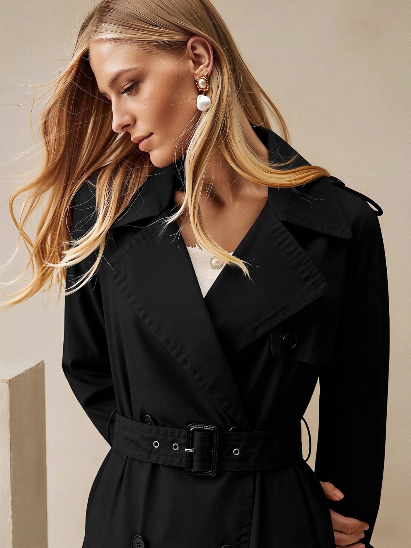 Women's Fall Winter Casual Long Coat, Outerwear, Belted Fitted Windbreaker with Pockets, Spring Outdoor Streetwear Jacket, Plain Design